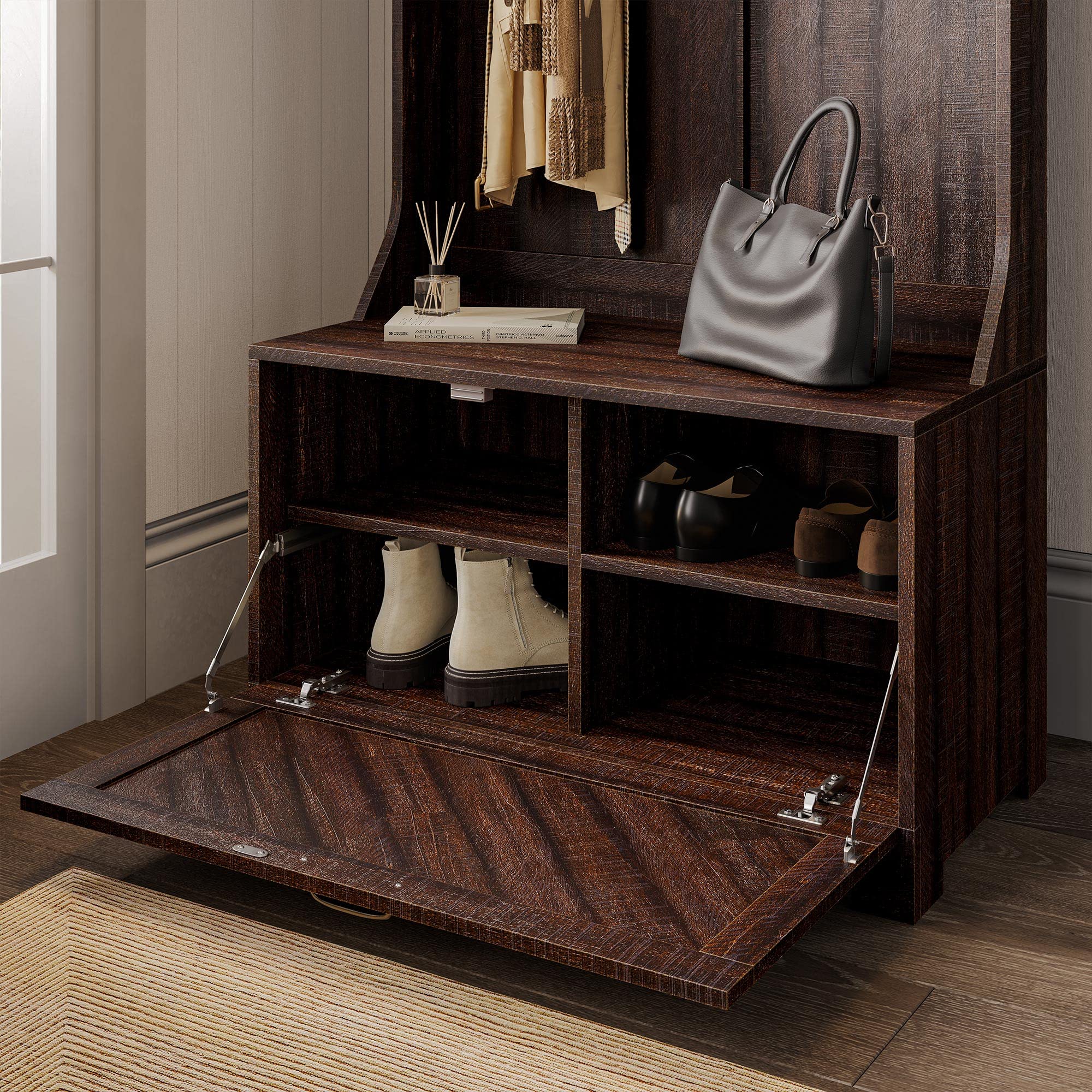 BELLEZE 3-in-1 Entryway Hall Tree with Coat Rack, Storage Bench & Shoe Organizer - Freestanding Entry Storage Furniture for Small Spaces - Hilo Espresso Finish - Perfect for Mudroom, Foyer or Apartment Entryway Organization
