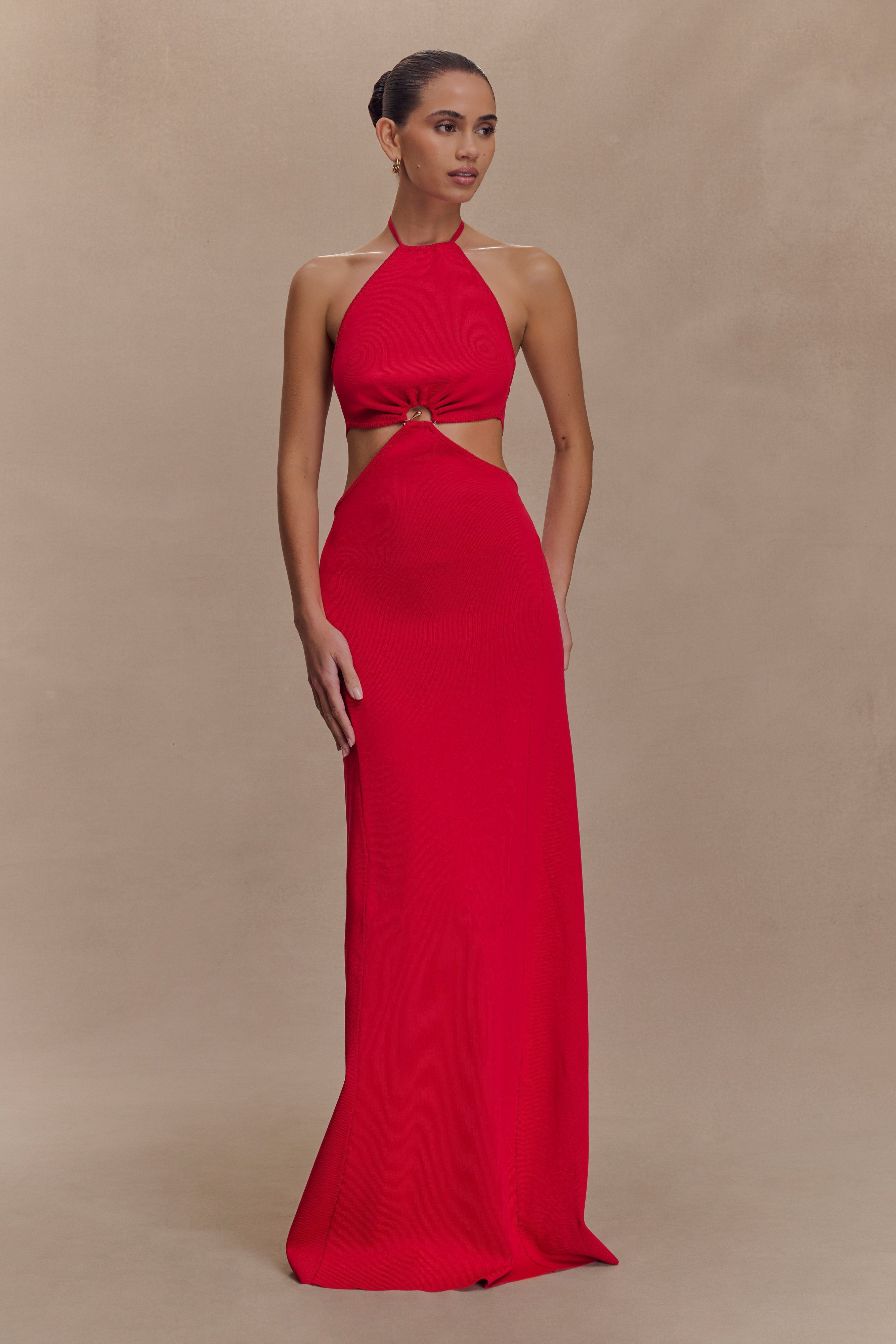 Marlowe Halter Knit Maxi Dress for Women - Elegant Red Long Sleeve Flowy Dress for Evening Parties, Date Nights & Special Occasions