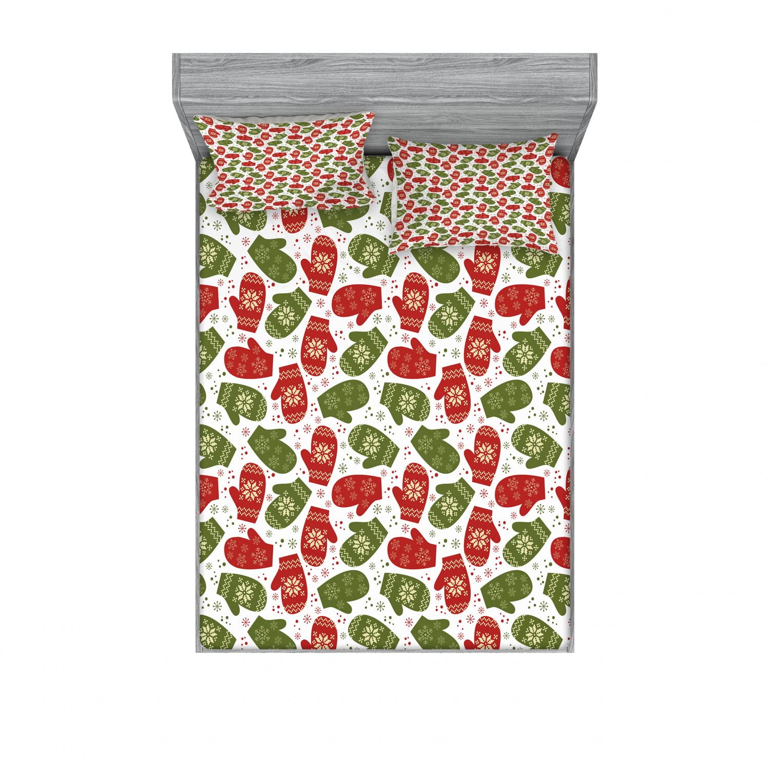 Ambesonne 2-Piece Christmas Fitted Sheet & Pillow Sham Set - Winter Gloves Pattern 4-PC Bedding Decor (2 Queen Fitted Sheets + 4 Pillow Covers) in Festive Red, Green & White | Holiday Home Decor for Bedroom & Guest Room