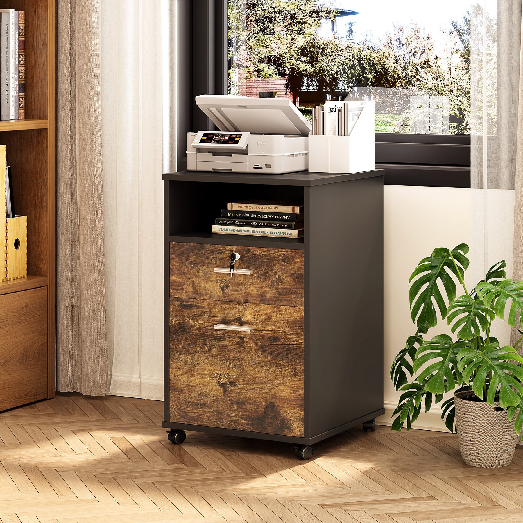 2-Drawer Locking File Cabinet with Wheels - Mobile Printer Stand for Office or Home Use, Heavy-Duty Storage Organizer for Documents and Supplies