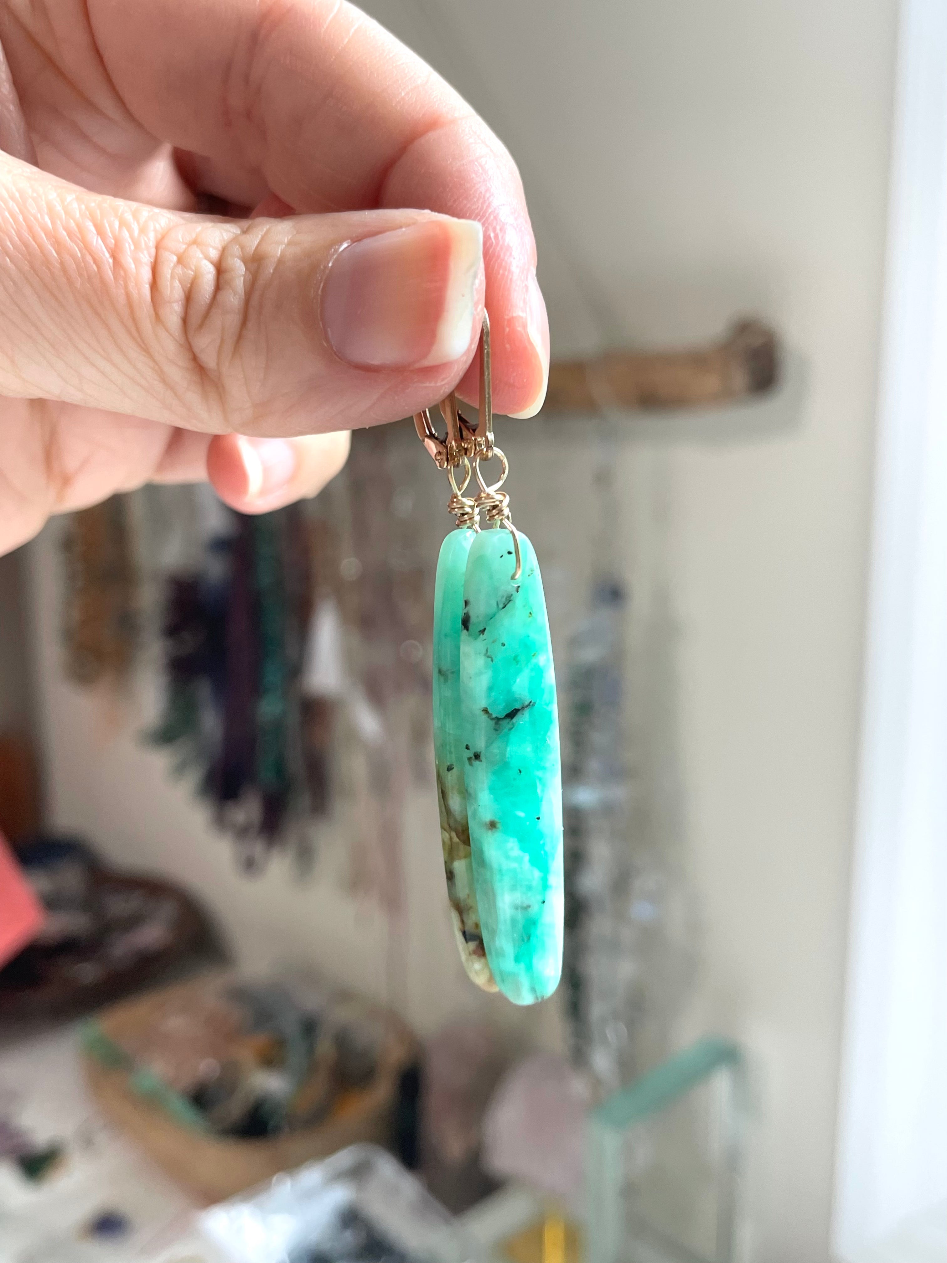 Chrysocolla Gold Filled Statement Crystal Gemstone Earrings for Women - Elegant Dangle Drop Earrings for Party, Wedding & Special Occasions