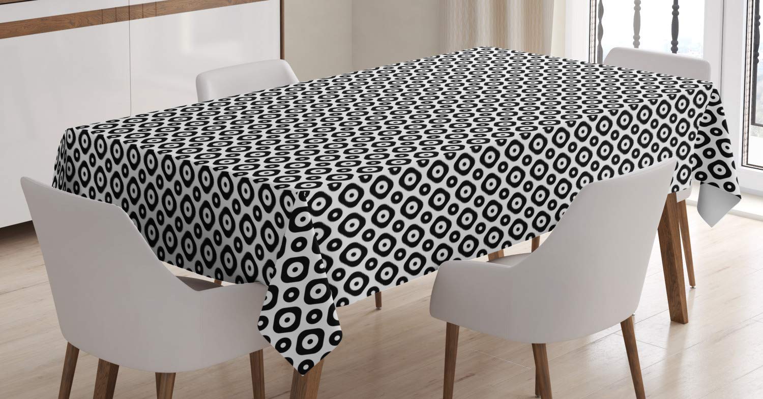 Ambesonne Abstract Geometric Tablecloth - Modern Round Disc & Circle Design, 60x90 Inch Rectangular Dining Table Cover for Kitchen & Home Decor in Charcoal Grey White - Perfect for Dinner Parties, Holidays & Everyday Use