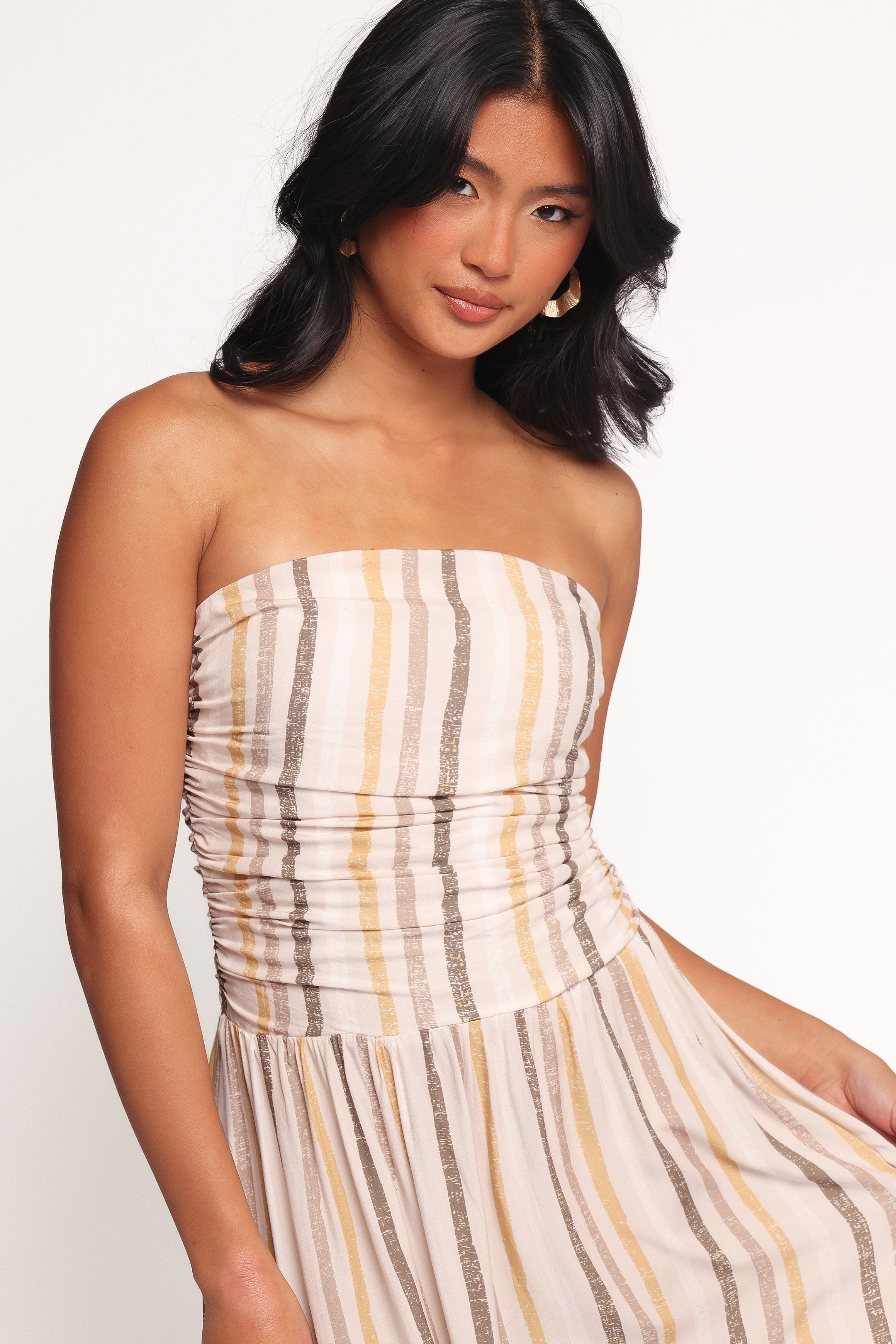 Jimena Strapless Maxi Dress - Brown Striped Summer Beach Dress for Women | Boho Chic Wedding Guest Outfit & Vacation Dress