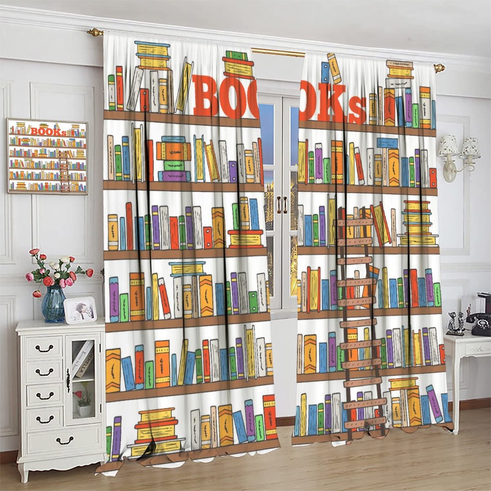 Modern Bookshelf Blackout Curtains for Kids Room - Cartoon Library Ladder Design Jacquard Window Drapes (55x63 inches) - Perfect for Nursery, Bedroom & Basement Decoration