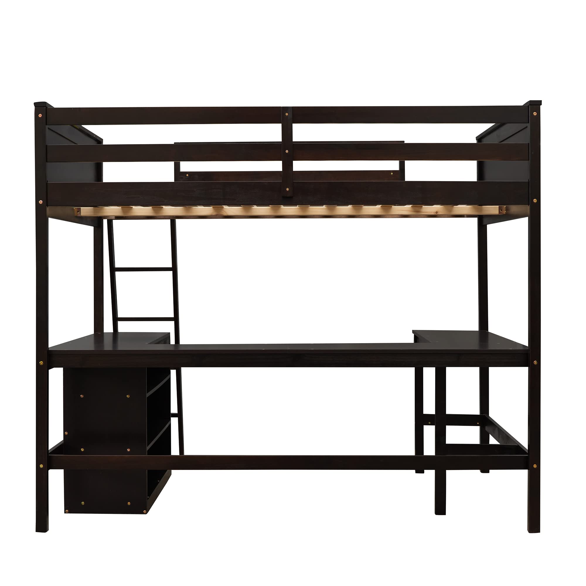 Full Size Loft Bed with Desk & Shelves - Sturdy Wooden Loft Bed with Storage for Kids, Teens & Adults - Espresso Finish - Perfect for Small Bedrooms, Dorms & Studio Apartments