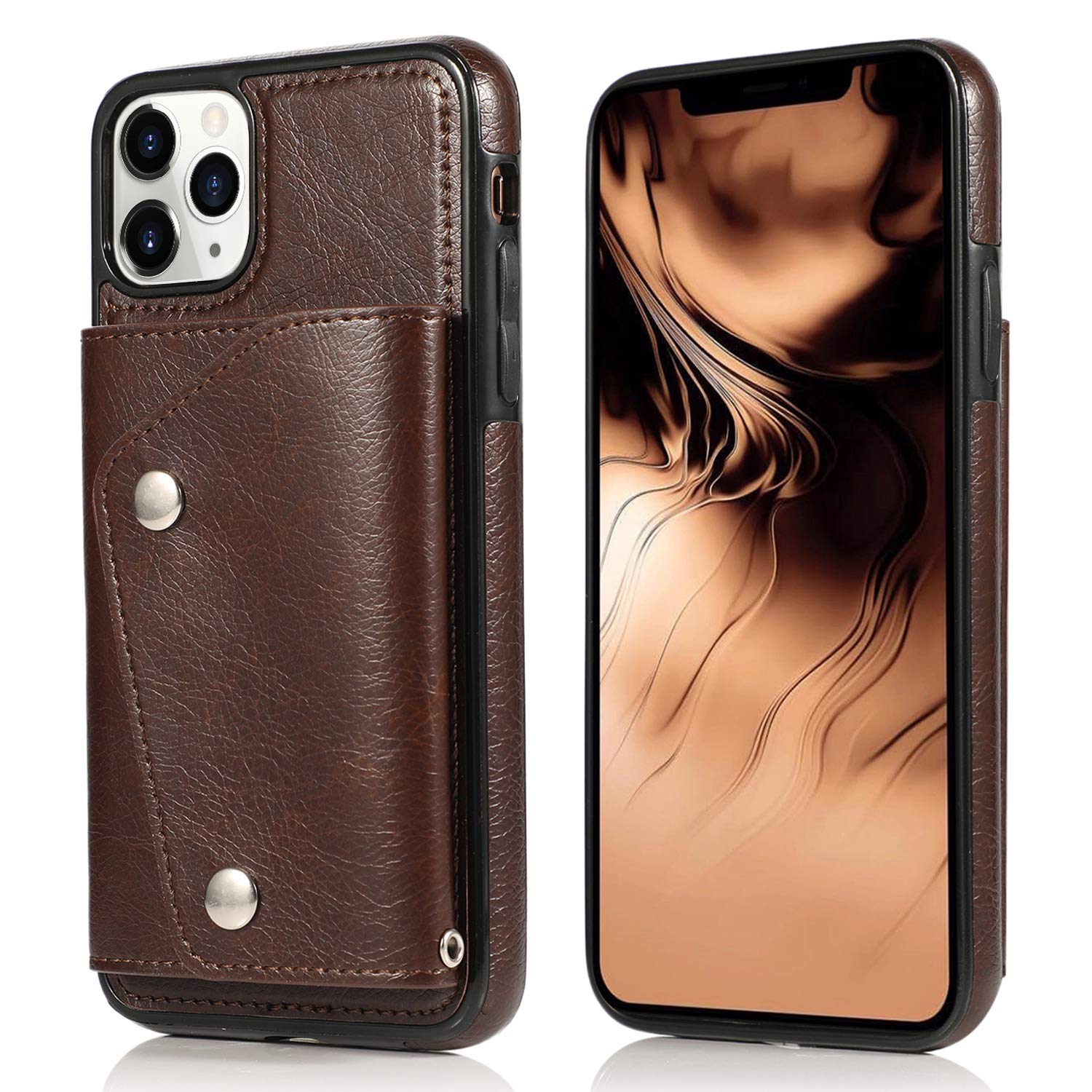 Premium PU Leather Wallet Case for iPhone 11 Pro Max - Card Holder with Neck Strap, Crossbody Chain & Wrist Strap | Protective Cover with Credit Card Slots (Brown) | Perfect for Travel, Shopping & Everyday Use