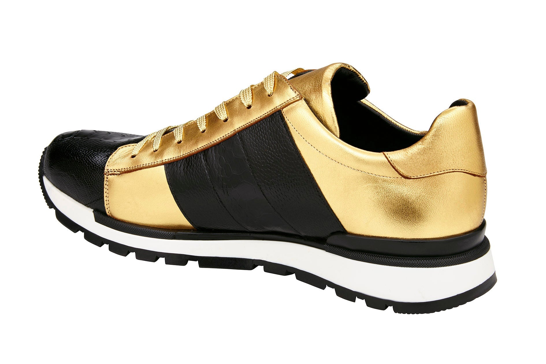 Belvedere Blake Genuine Ostrich & Italian Calf Leather Sneakers - Black/Gold 33629 | Luxury Casual Shoes for Men | Perfect for Office, Date Night & Special Occasions