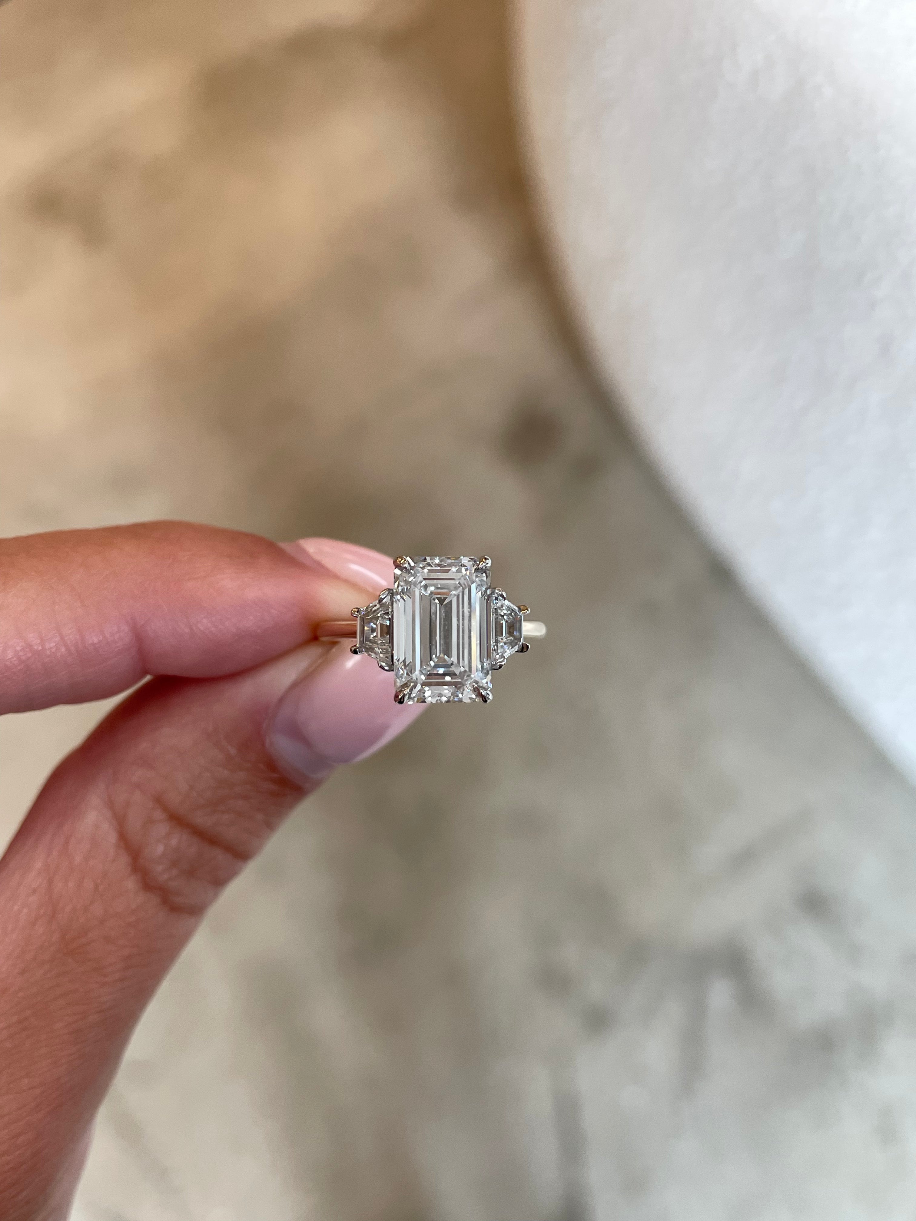 3.65 Carat Lab Grown Emerald Whisper Thin® Three Stone Ring with Trapezoid Side Stones - Elegant Engagement & Wedding Jewelry for Women