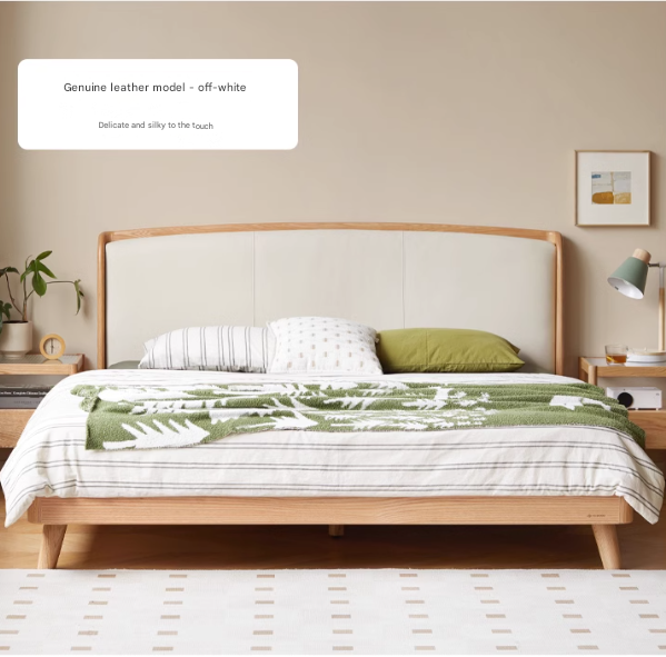 Premium Solid Oak Wood Bed Frame with Genuine Leather Headboard & Tech Fabric Upholstery - Modern Bedroom Furniture for Master Suite, Guest Room, or Apartment