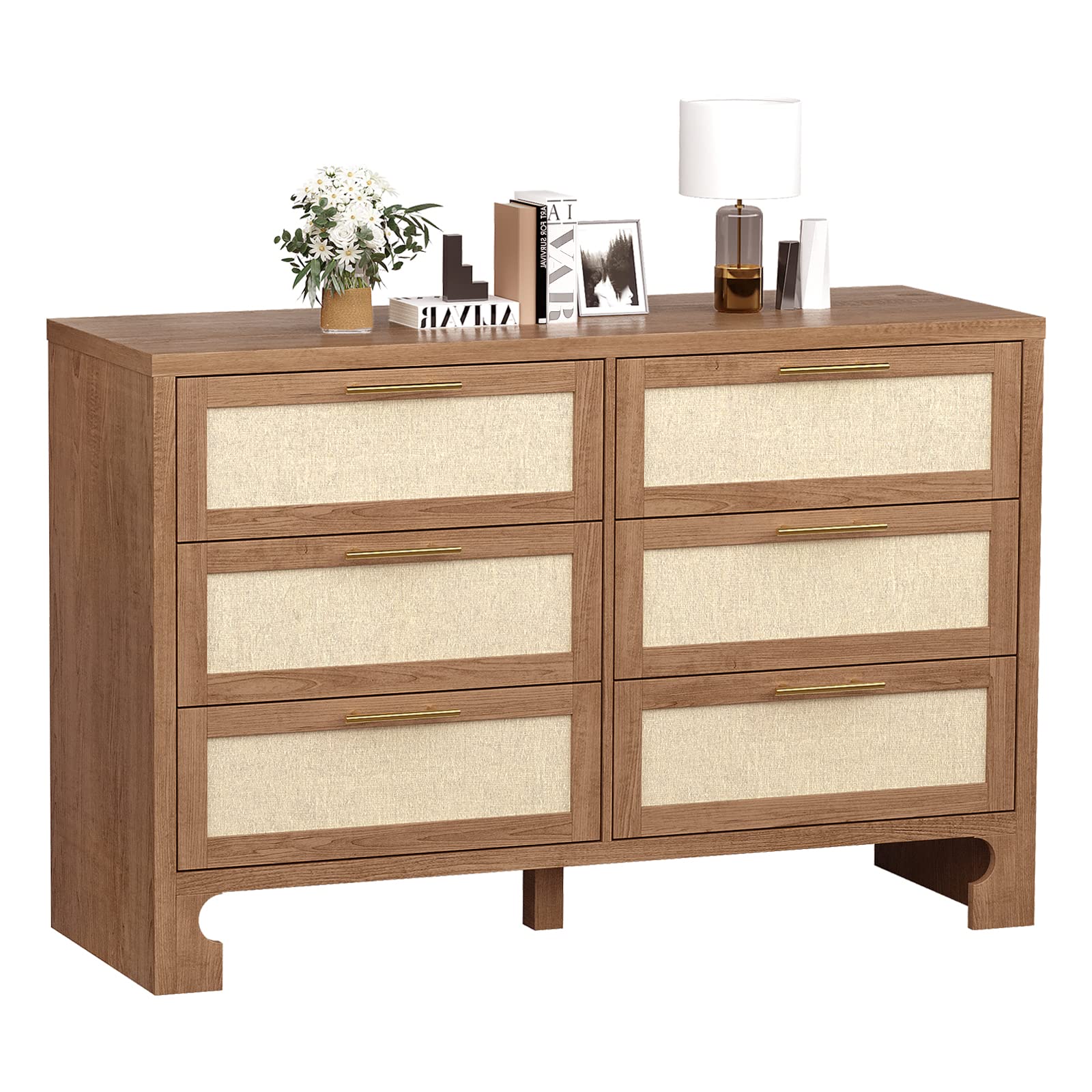 IDEALHOUSE 6-Drawer Burlap Design Wood Dresser for Bedroom, Closet, Living Room, Hallway & Nursery - Caramel Finish Storage Chest | Perfect for Kids' Room Organization & Home Decor