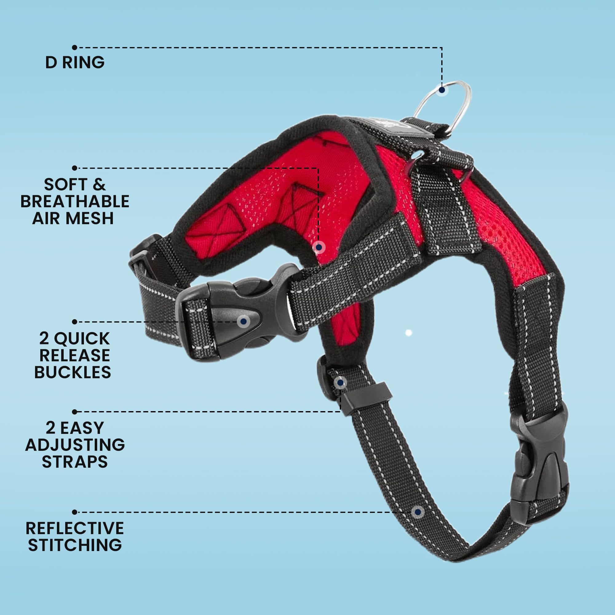 No Pull Reflective Adjustable Dog Harness with Handle - Comfortable Soft All-Weather Mesh Vest, Easy On/Off Puppy Harness for Small Medium Large Dogs (Red, X-Small) - Perfect for Night Walks, Jogging & Outdoor Adventures