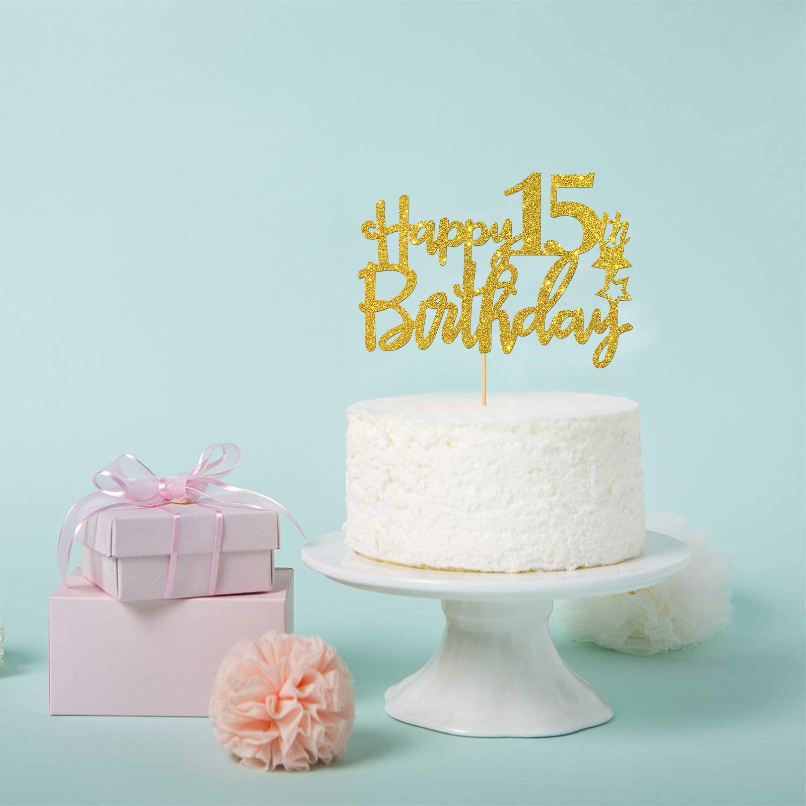 15th Birthday Cake Topper - Gold Glitter 'Happy 15th Birthday' & 'Cheers to 15 Years' Cake Decorations - Party Supplies for Sweet 16 Celebrations, Milestone Birthdays & Teen Parties