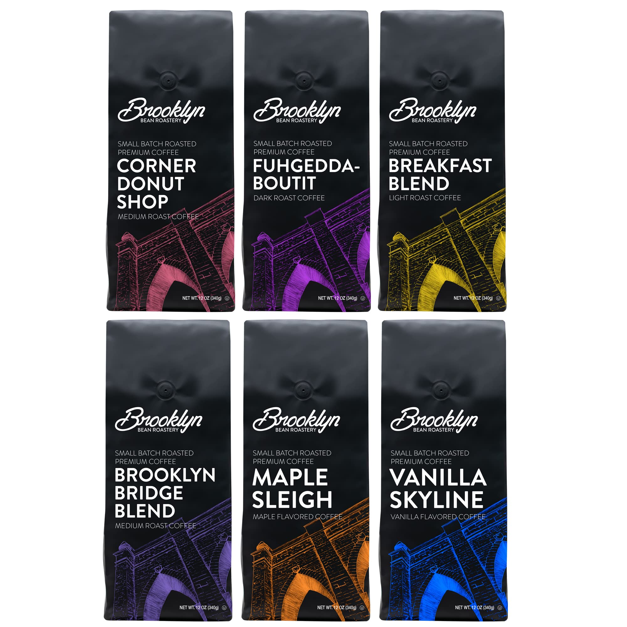 Brooklyn Beans Ground Coffee Variety Pack - Light, Medium, Dark Roast & Flavored Coffee (12oz Bags, 6-Pack) - Perfect for Home Brewing, Office Use & Gifts