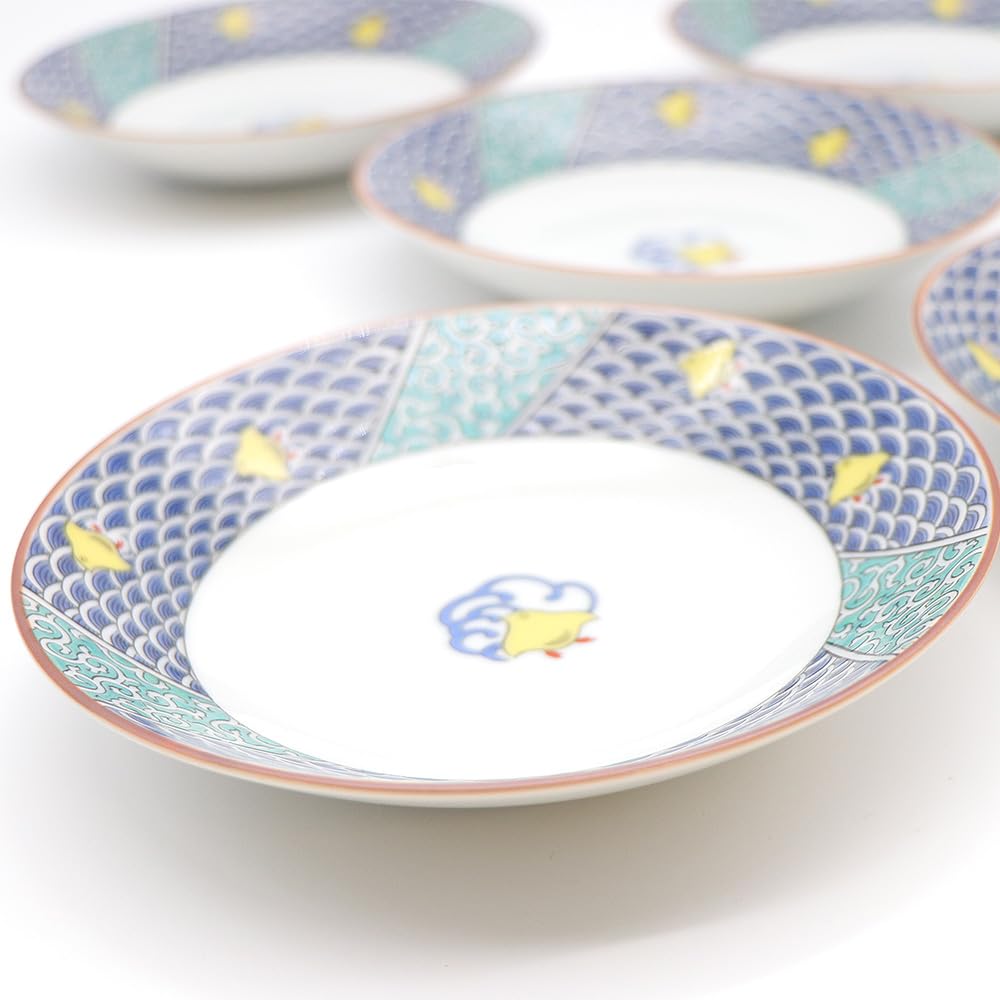 Handmade Japanese Kutani Ware Serving Plates Set of 5 - Blue Wave Design (6.1