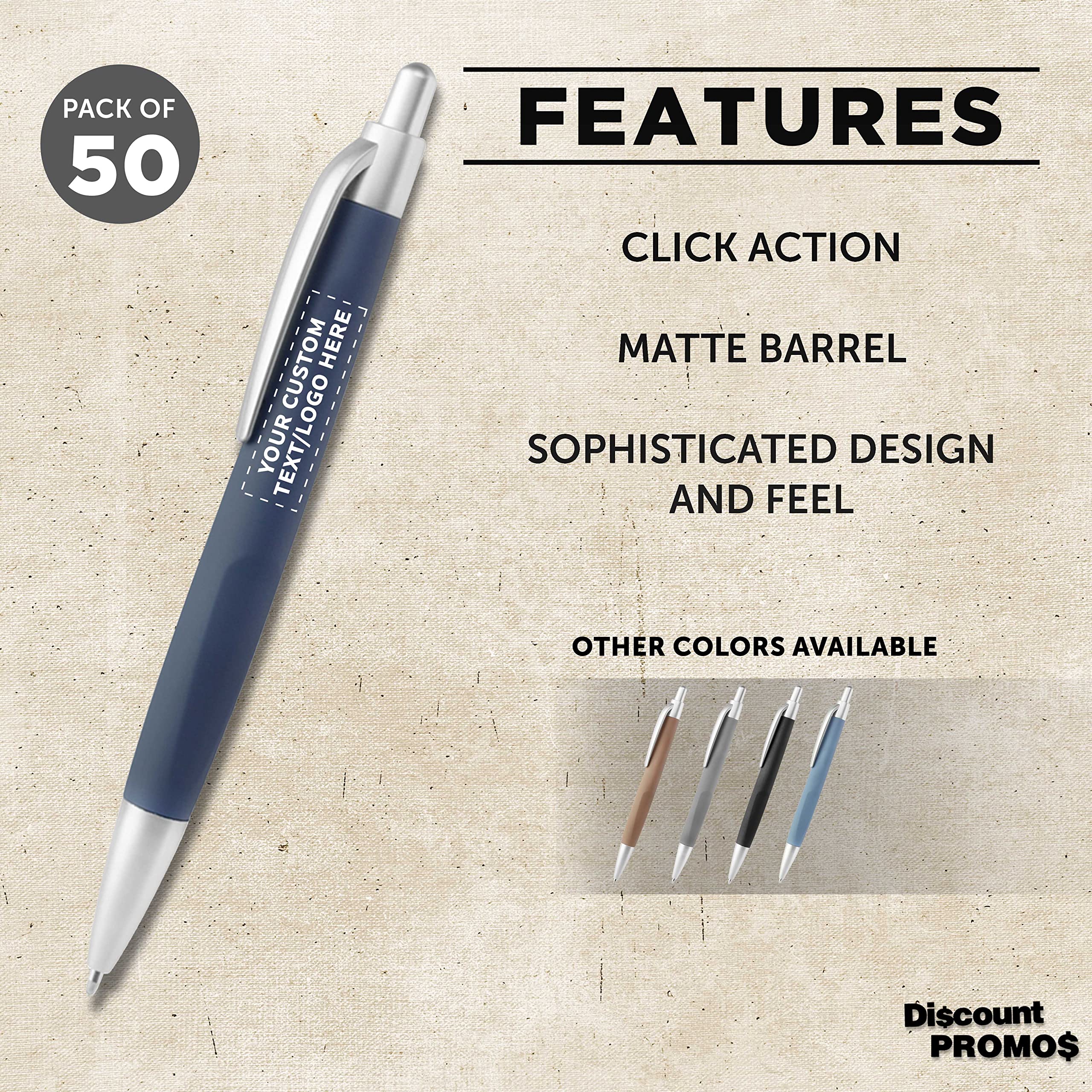 50 Pack Atlas Click Action Pens - Custom Text & Logo Printing, Black Ink, Navy Blue Plastic - Bulk Office Supplies for Business Promotions, School, and Corporate Gifting