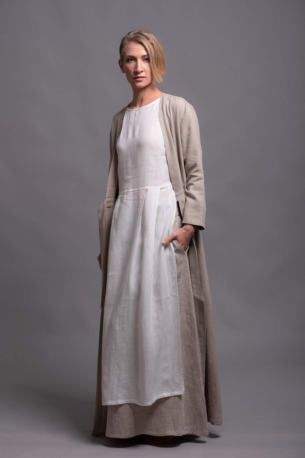 HANK Women's Maxi Linen Coat Dress with Long Sleeves, Belt & Pockets - Custom Made in 31 Colors - Elegant Office Wear & Spring Outerwear