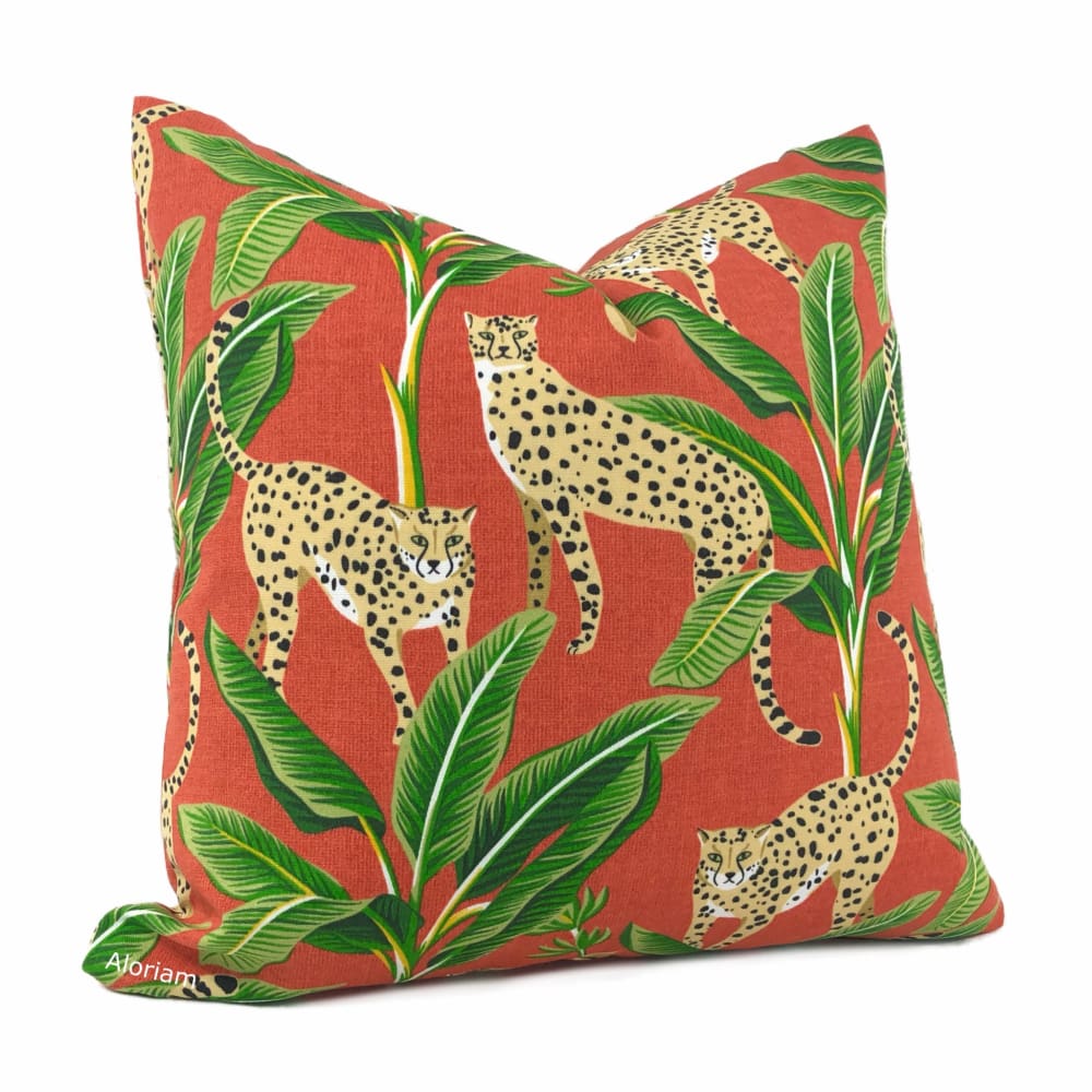 Jenga Leopards with Green Foliage Orange Indoor Outdoor Pillow Cover - Perfect for Living Room, Bedroom, Patio & Garden Decor