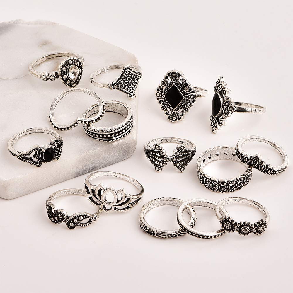 YouBella 15-Piece Boho Silver Plated Rings Set for Women | Oxidized Jewelry Gift Set | Trendy Stackable Rings for Everyday Wear, Parties & Special Occasions (YBRG_20111A)