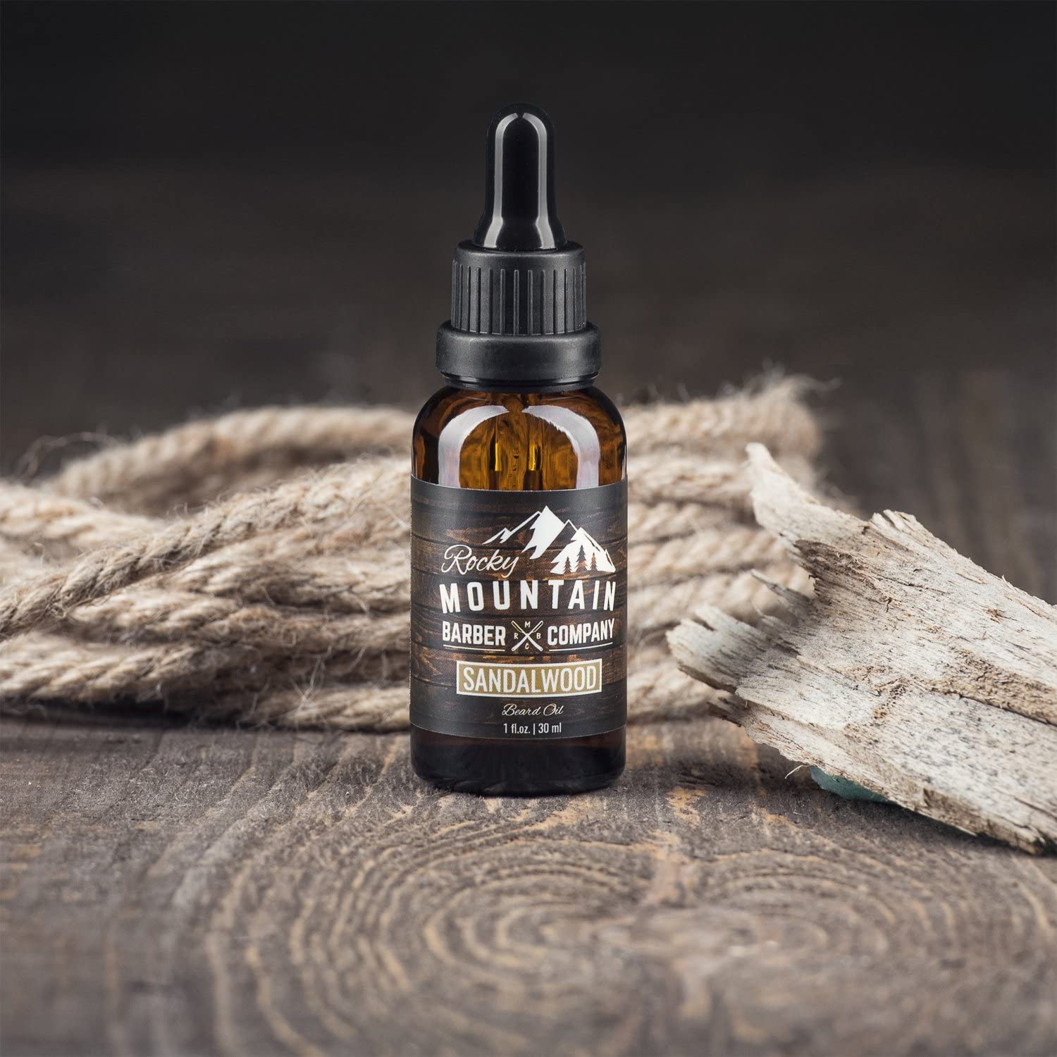 Rocky Mountain Barber Company Men’s Sandalwood Beard Oil with Grapeseed, Coconut & Argan Oils - Natural Essential Oil for Beard Growth & Softening - Perfect for Daily Grooming & Styling