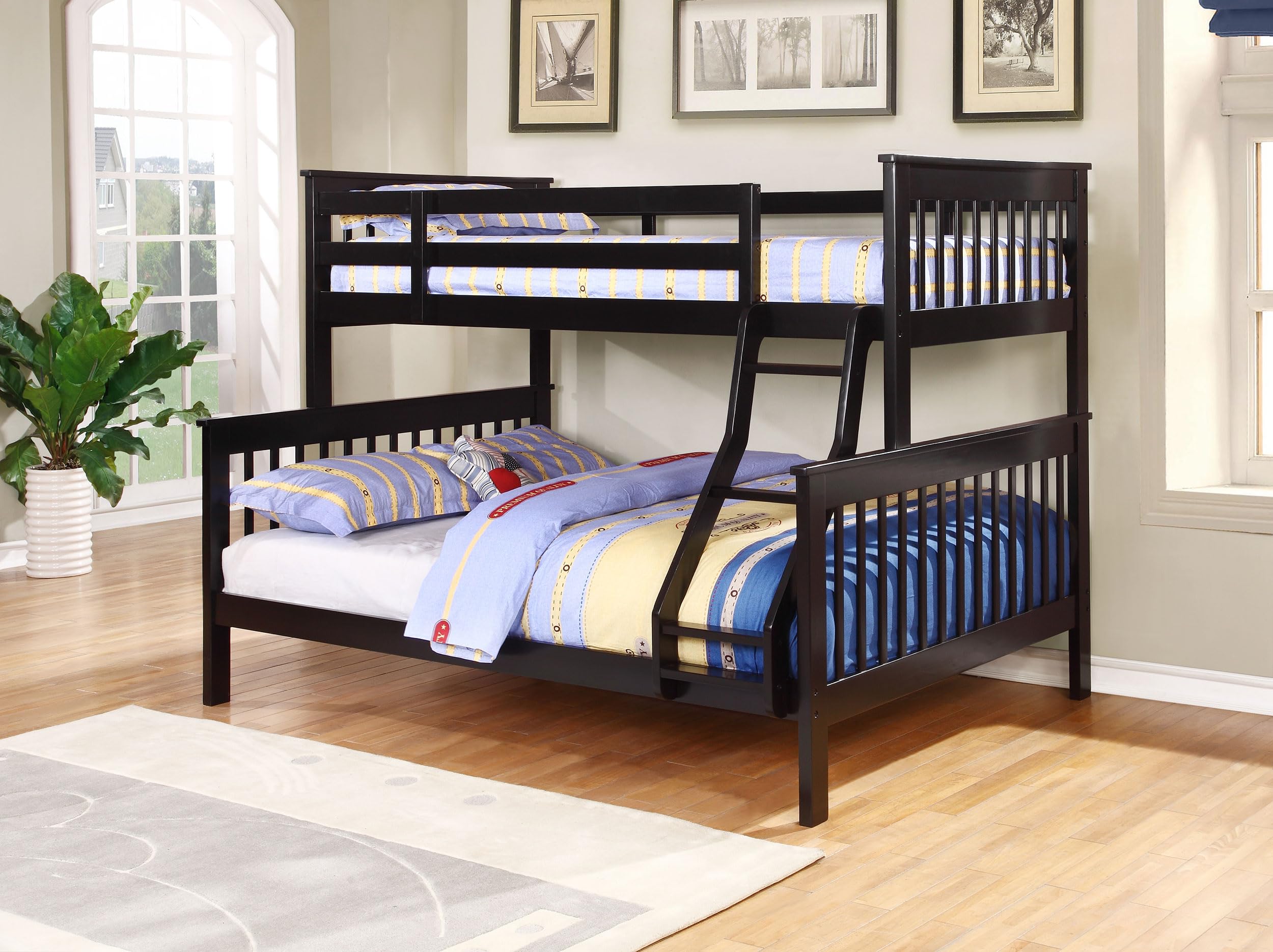 Coaster Chapman Transitional Wood Twin Over Full Bunk Bed Frame with Ladder & Guardrails - Black | Slatted Mattress Foundation | Space-Saving Kids Bedroom Furniture for Siblings or Sleepovers