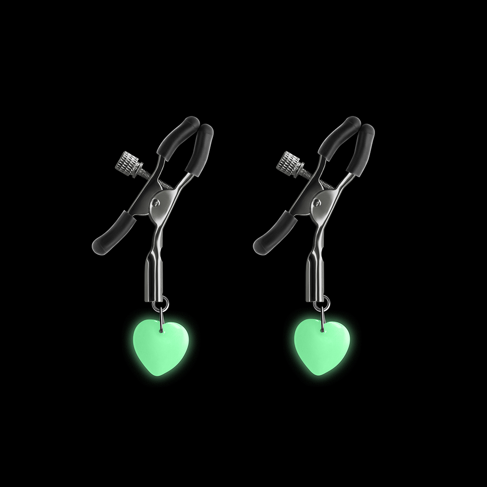 Bound Nipple Clamps with Glow in The Dark Heart Charms - Sensual BDSM Accessories for Couples Play & Adult Intimacy