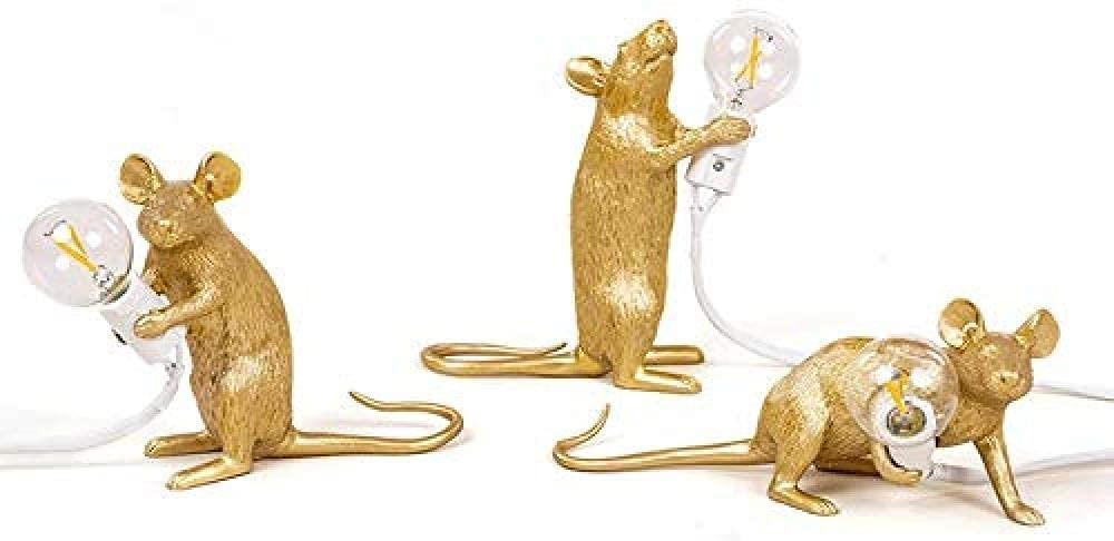 3-Piece Gold Resin Rat LED Table Lamp Set - Cute Mouse Night Light with Bulb for Bedroom, Living Room, and Office Decor - Unique Animal Desk Lamp for Home & Gift Ideas