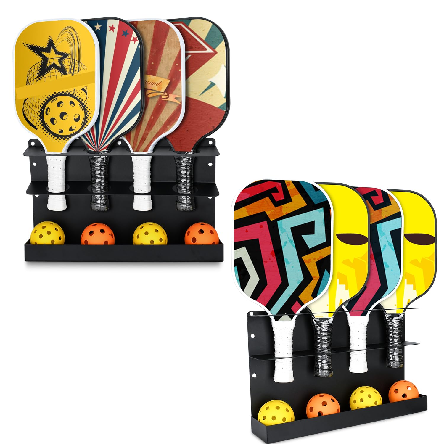 TOPOWN 2-Pack Heavy-Duty Steel Pickleball Paddle & Ball Rack - Wall & Fence Mount Holder for 8 Paddles & 8 Balls - Perfect for Court Organization & Home Storage (Black)