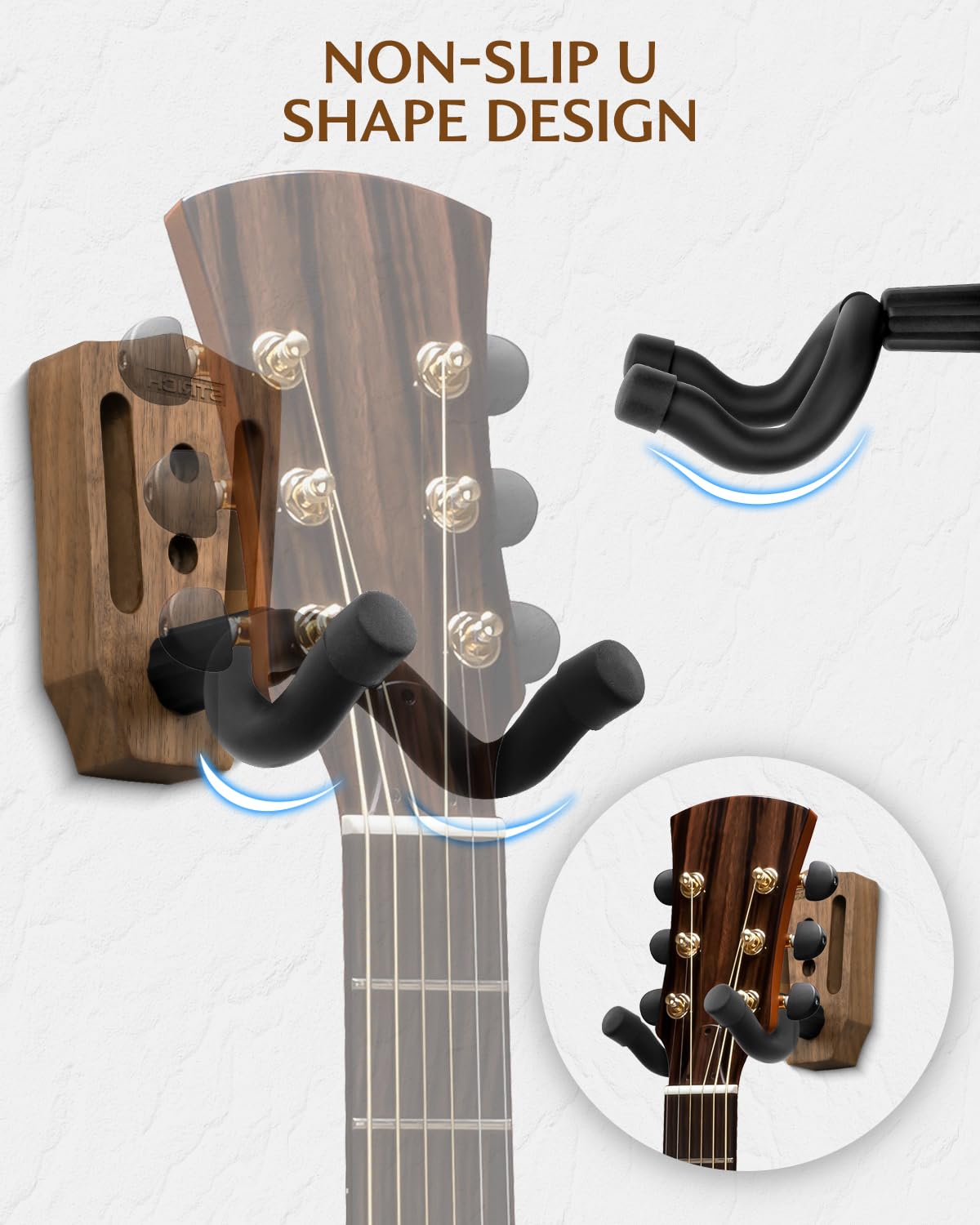 Premium STRICH Guitar Wall Mount Hanger - Walnut Base U-Shaped Hook Stand with Screws (3-Pack) - Secure Holder for Acoustic, Electric, Classical Guitars, Bass & Banjo - Perfect for Home Studios, Music Rooms & Stage Setup