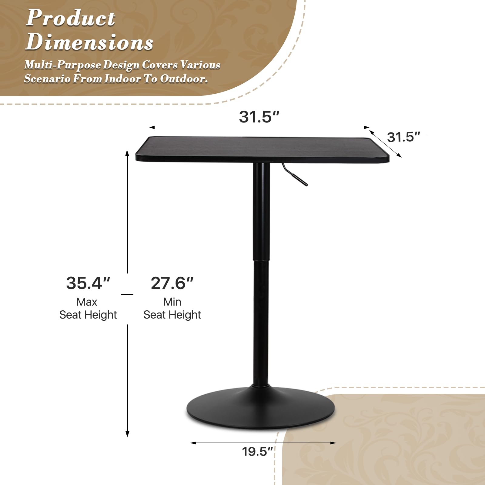Adjustable Height Square Bar Table with Metal Base - Black Bistro Table for Kitchen Island, Bar Counter & Outdoor Patio - Perfect for Dining, Entertaining & Small Space Living
