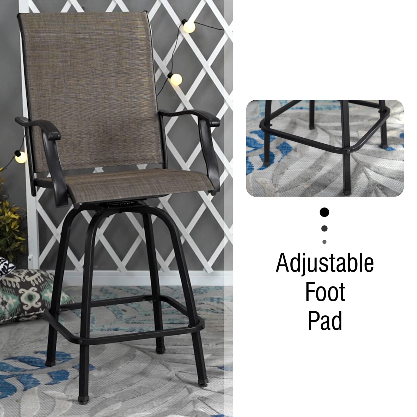 MFSTUDIO 2 Pack Outdoor Swivel Bar Stools - Patio Bar Height Chairs with Breathable Sling Fabric, All-Weather Resistant, Brown - Perfect for Backyard, Deck, Poolside & Garden Use