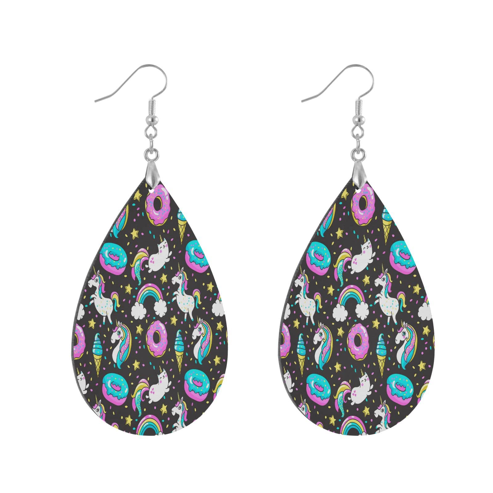 Lightweight Wooden Teardrop Earrings for Women - Unicorn, Donut & Rainbow Dangle Earrings | Cute Animal Statement Jewelry Gift for Girls & Women | Perfect for Parties, Daily Wear & Special Occasions