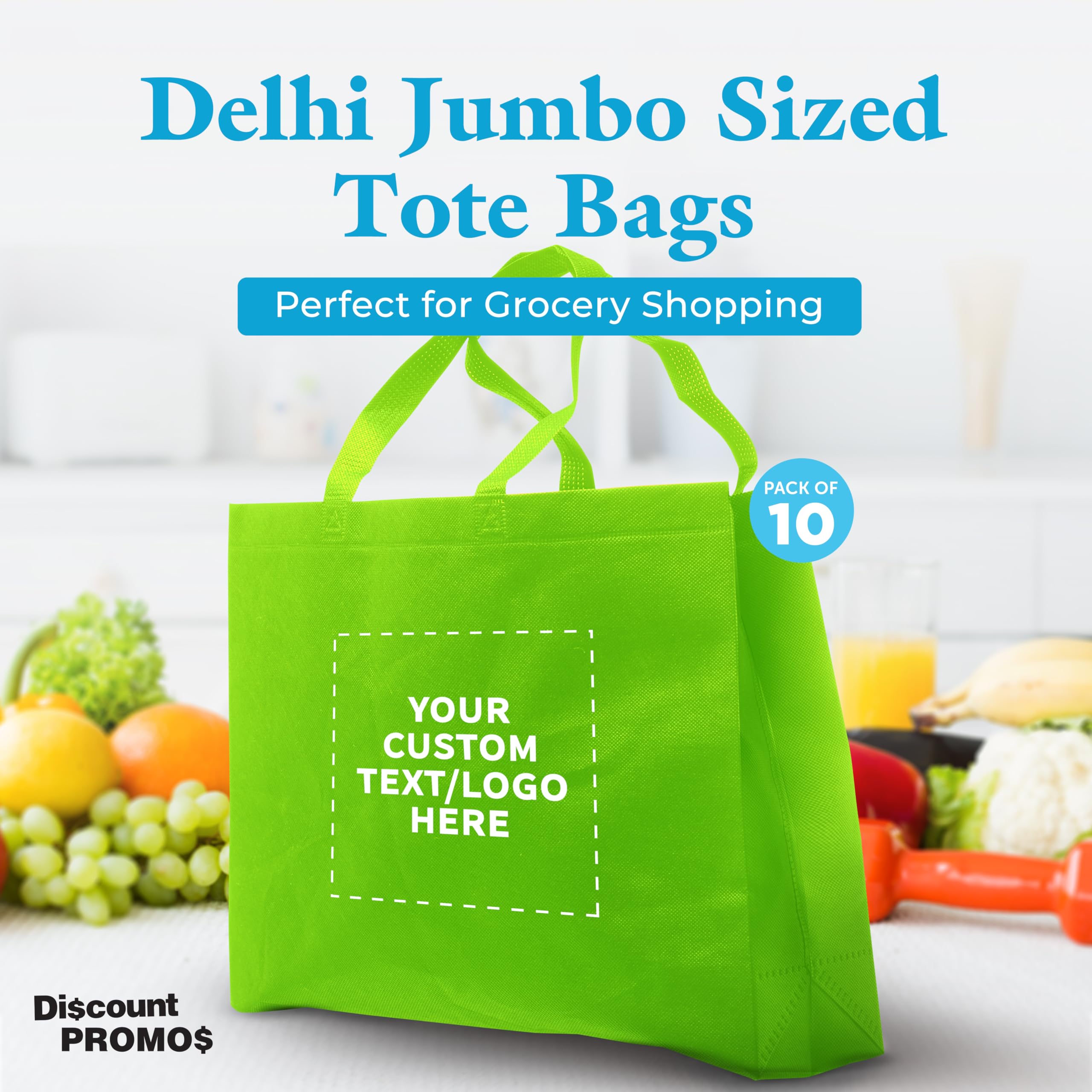 Custom Jumbo Reusable Tote Bags Bulk Pack of 10 - Personalized Grocery Shopping Bags for Women, Promotional Gift Items - Lime Green | Perfect for Grocery Shopping, Beach Trips, and Corporate Events