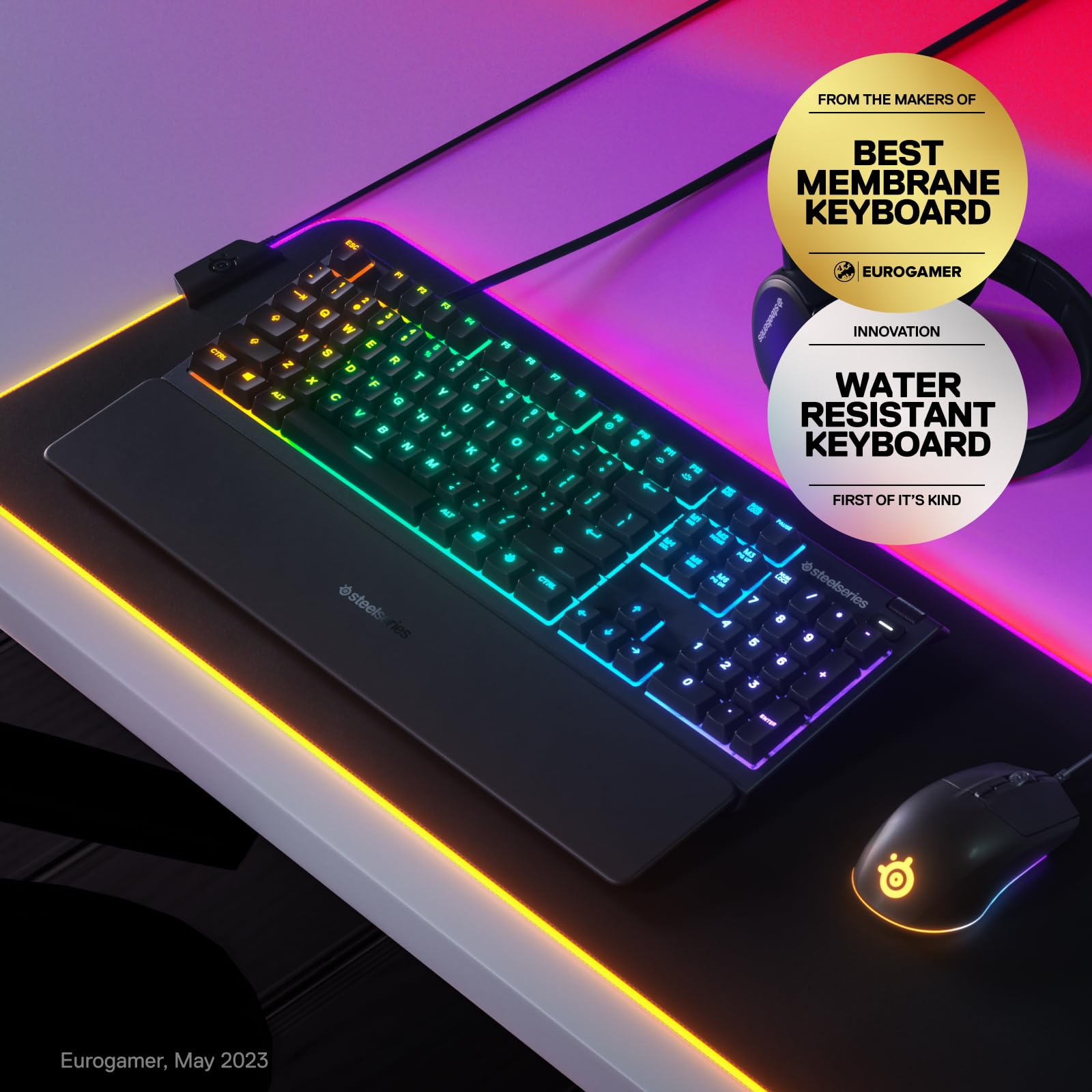 SteelSeries Apex 3 RGB Gaming Keyboard - 10-Zone RGB Backlit, IP32 Water Resistant, Magnetic Wrist Rest (Whisper Quiet Switches) - Perfect for PC Gaming, Office Work & Streaming Setup