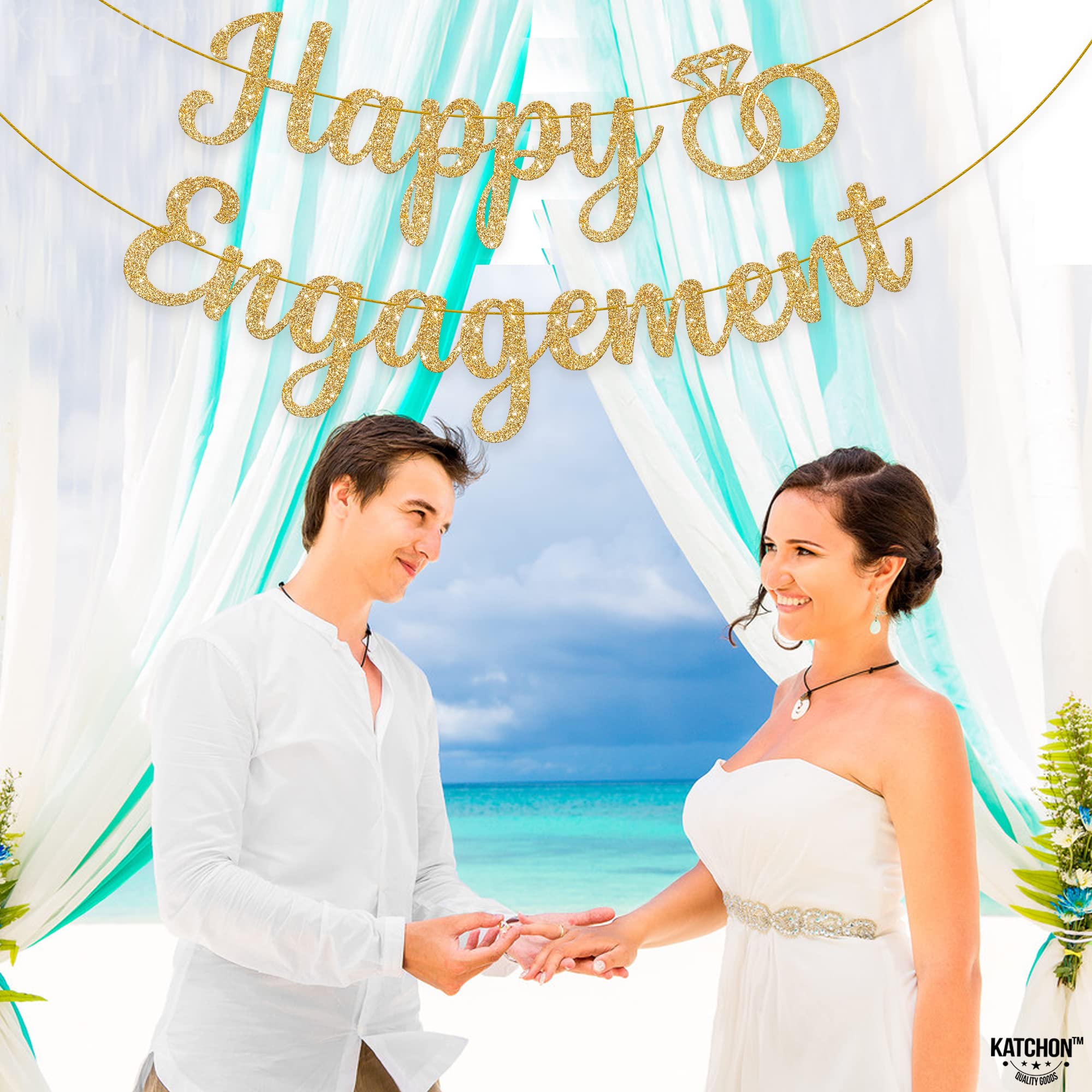 KatchOn Gold Glitter Happy Engagement Banner - 10ft Premium Party Decor for Engagement Parties, Bridal Showers & Bachelorette Celebrations | Ready-to-Hang Wedding Decoration