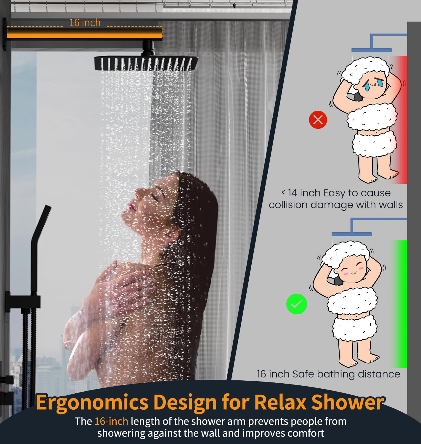 SR SUN RISE Black Square Rainfall Shower Head and Handle Set - Wall Mounted Shower Fixtures with Metal Faucet Trim & Valve Repair Kit for Bathroom Renovation - Perfect for Modern Home, Spa, and Luxury Shower Experience