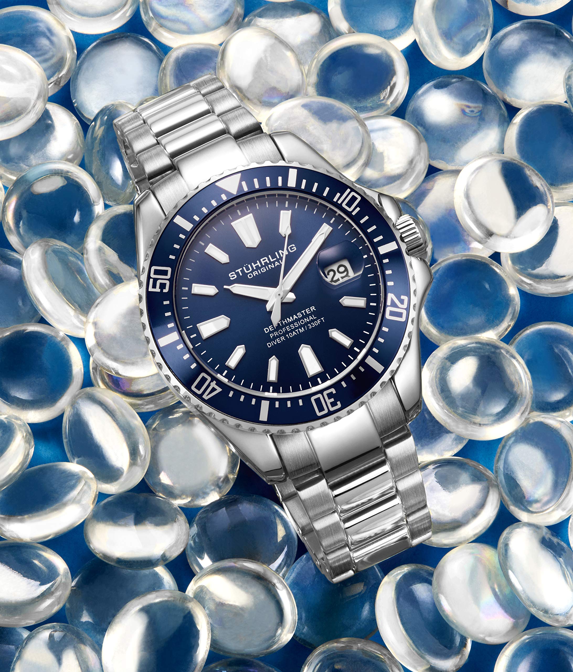 Stuhrling Original Men's Pro Diver Watch - 42mm Stainless Steel Case, Blue Dial, Silver Band - Waterproof Sports Watch for Diving, Swimming & Outdoor Activities