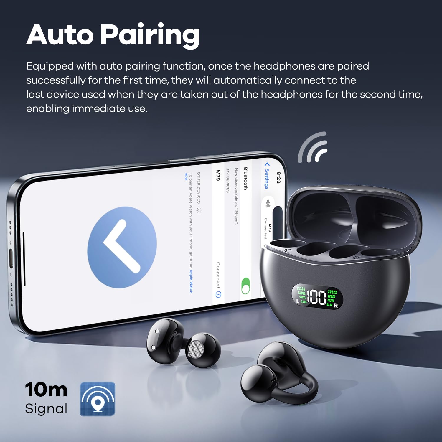Open Ear Clip On Wireless Earbuds with LED Digital Display & Touch Control - Bluetooth 5.4 Air Conduction Sport Headphones for Running, Gym, Fitness | Sweatproof & Comfortable Design (Dark Grey) - Perfect for Jogging, Workouts & Outdoor Activities