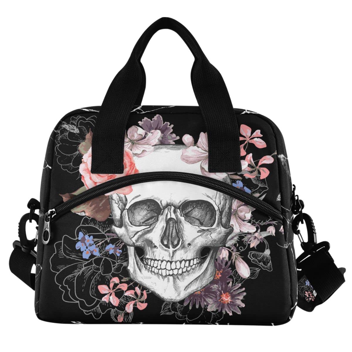 MNSRUU Insulated Lunch Bag with Skull & Floral Design - Reusable Leakproof Lunch Tote for Women & Men - Perfect for Work, School, Picnics & Outdoor Activities