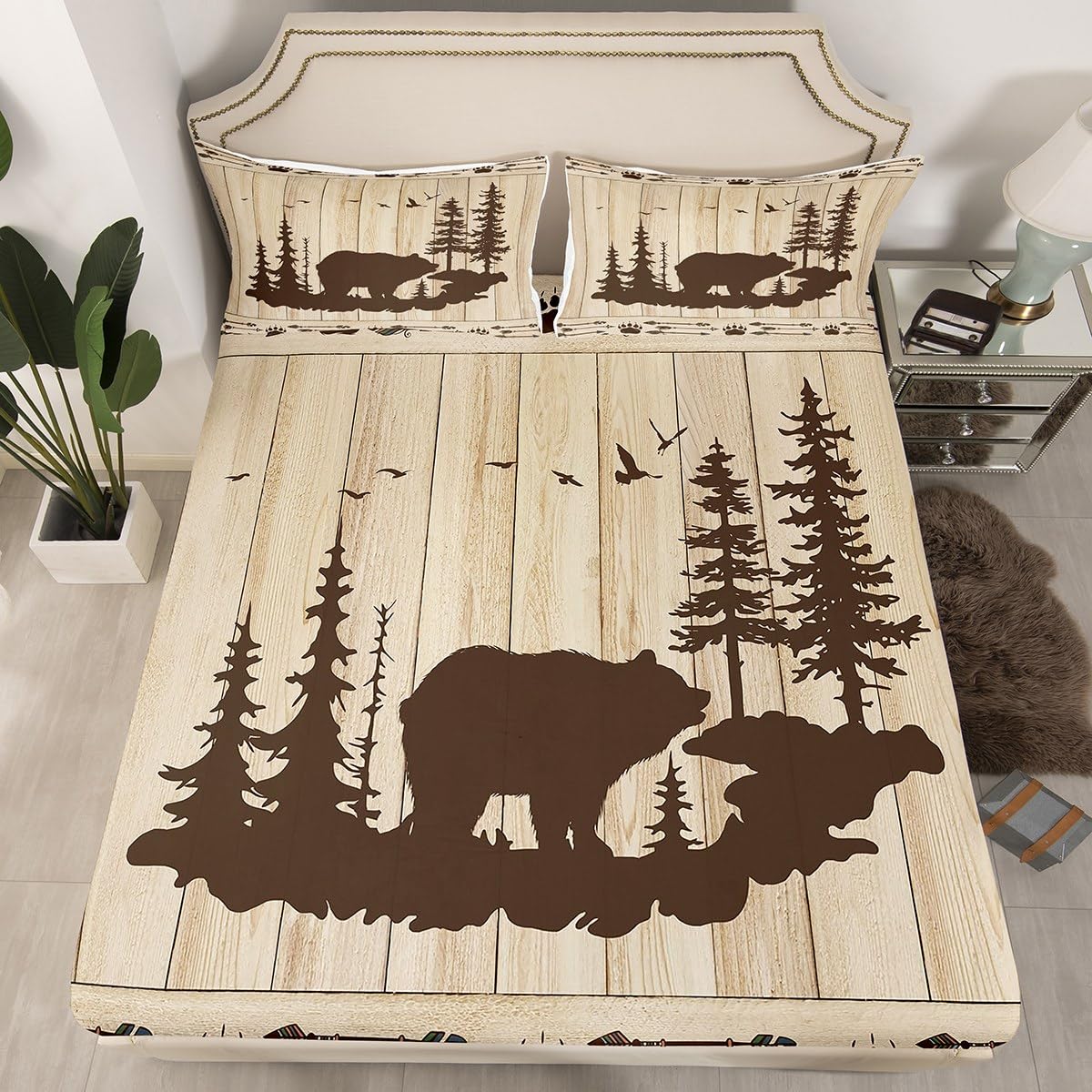 Wild Animal Hunting Bear Sheet Set - Tribal Arrow Paw Print Bedding for Twin Bed - Rustic Farmhouse Cabin Decor with Pine Trees & Big Cat Design - Perfect for Log Cabin, Hunting Lodge, or Western-Themed Bedroom