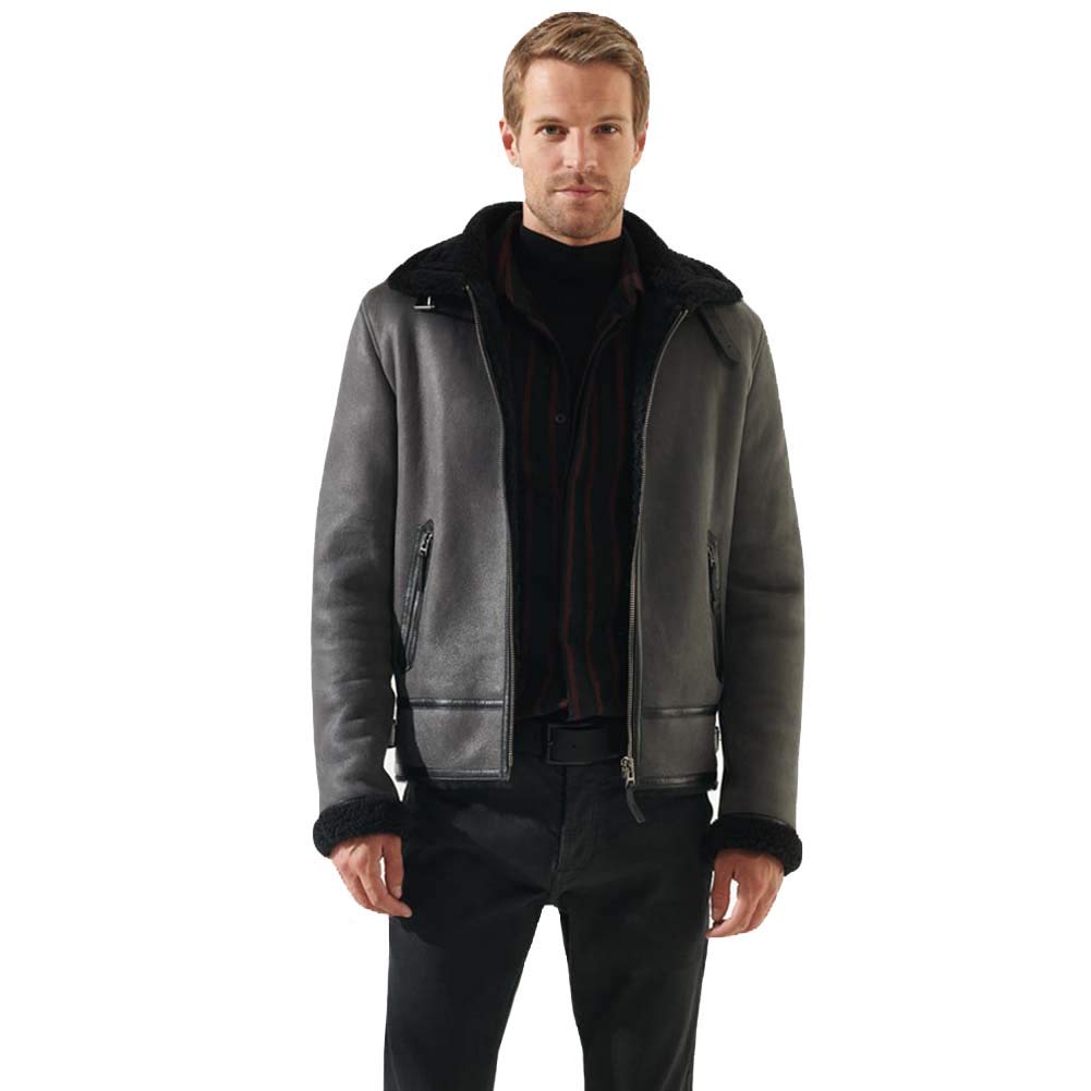 Men's Aviator Shearling Jacket - Grey Genuine Leather Sheepskin Coat with Short Fur Lining - Warm Winter Jacket for Men - Perfect for Outdoor Adventures & Casual Wear