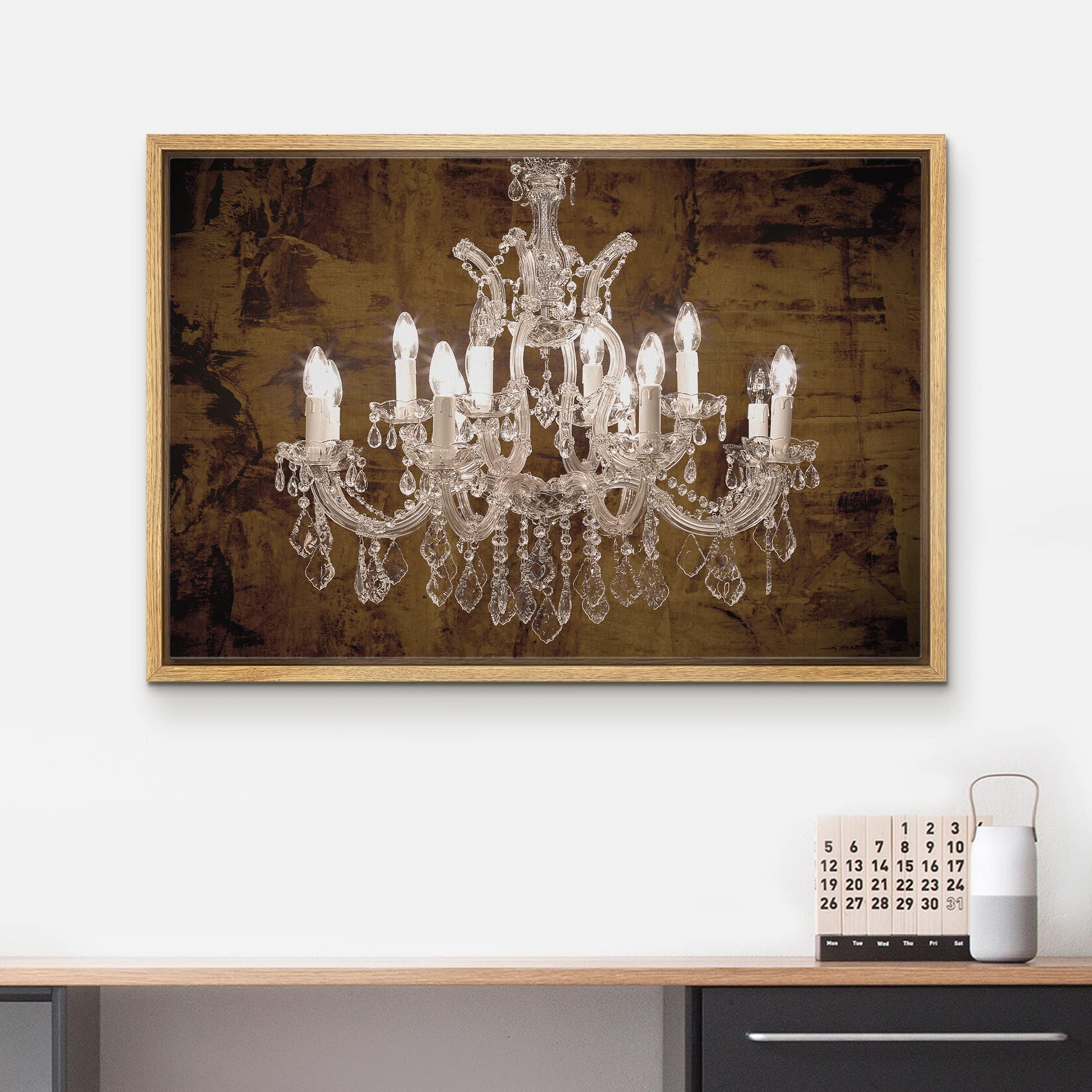 Brown Grunge White Crystal Chandelier Framed Canvas Wall Art - 24x36 Inch Modern Digital Print for Living Room, Bedroom & Office Decor | Elegant Home Decoration for Relaxing & Calming Atmosphere