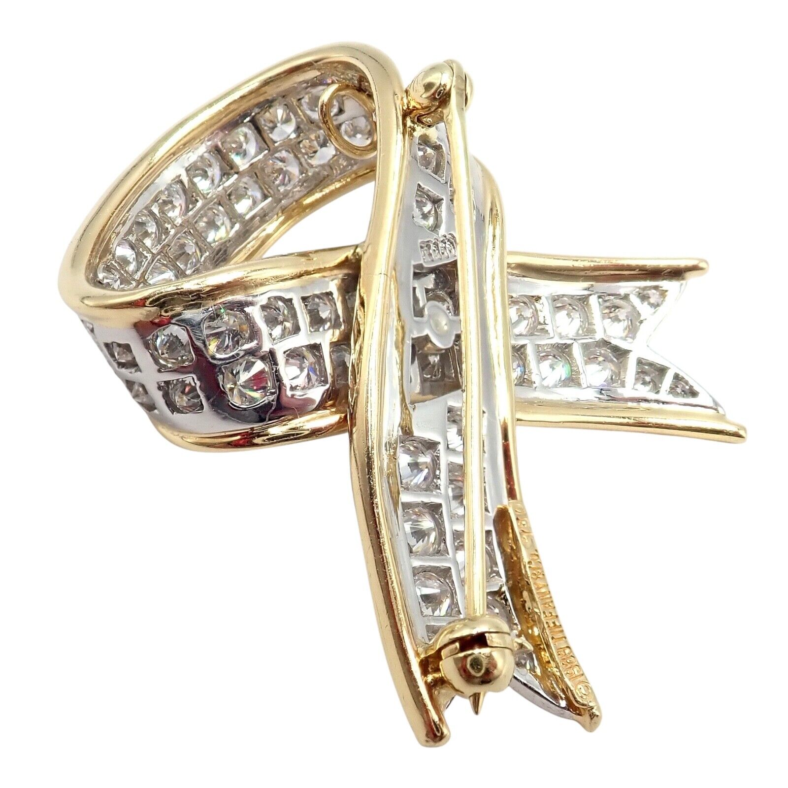 Vintage Tiffany & Co 18k Yellow Gold Platinum Diamond Ribbon Bow Pin Brooch - Elegant Jewelry for Women, Perfect for Weddings, Parties & Special Occasions