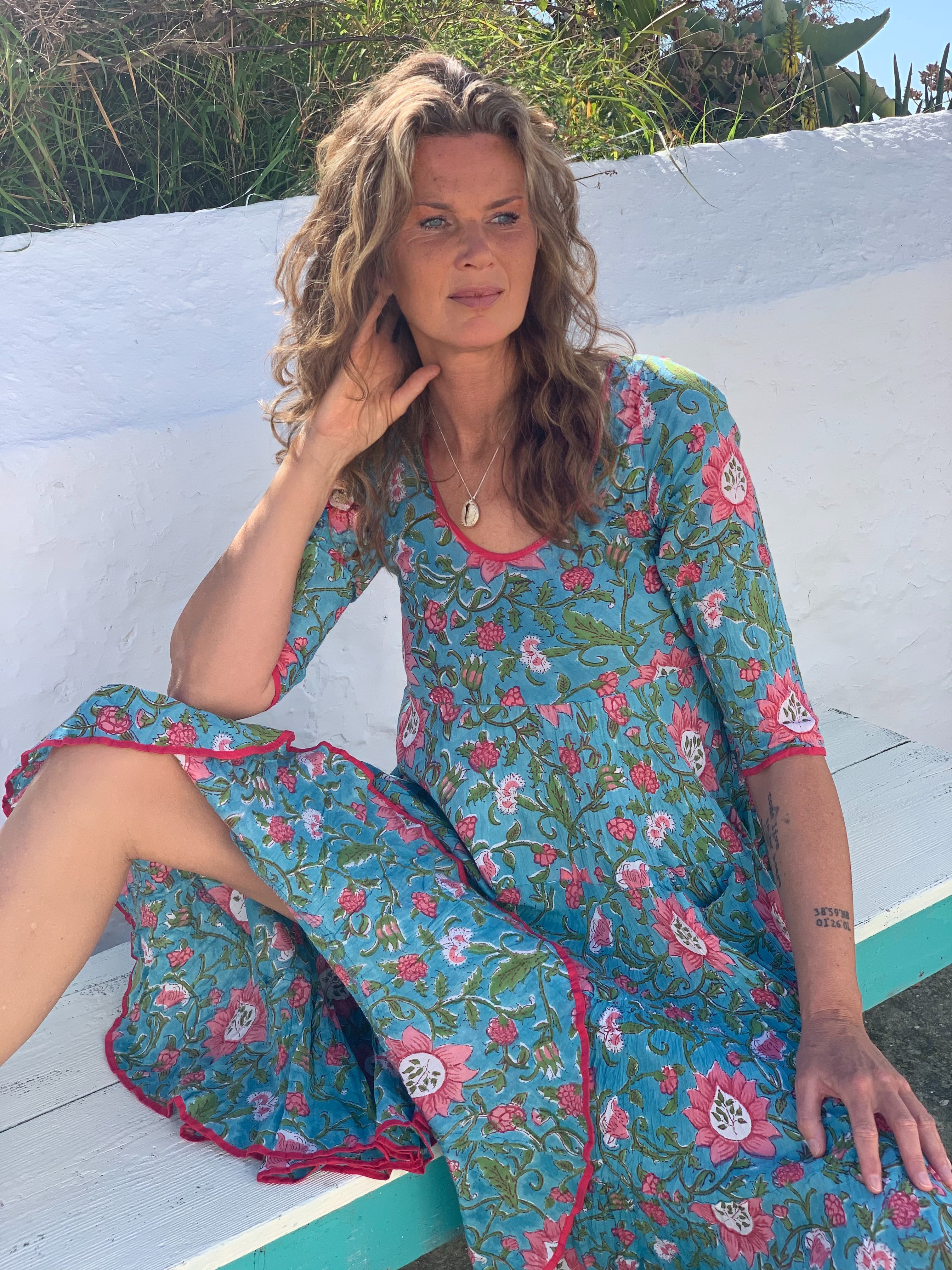 Turquoise Floral Hand Block Print Sundress - Women's Boho Summer Dress for Beach, Vacation & Casual Outings