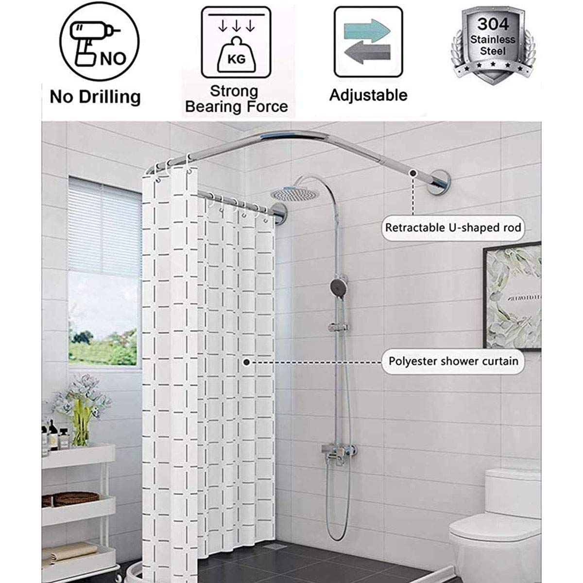 Adjustable Telescopic Shower Curtain Rod - Stainless Steel Tension Rod with Waterproof Shower Curtain & Hooks, No Drilling U-Shaped Bathroom Pole (90×90×90) - Perfect for Small Bathrooms, Apartments & RVs