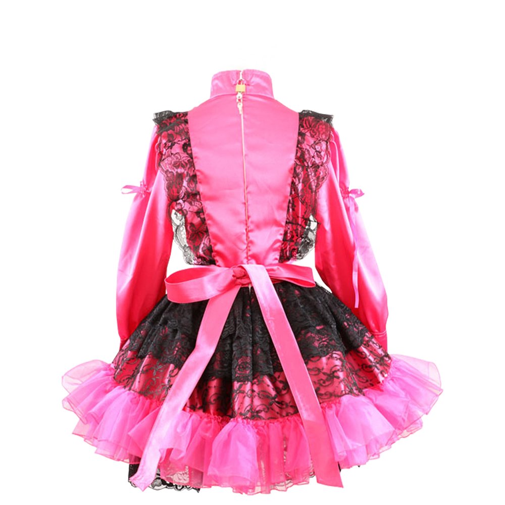 Elegant Lockable Pink & Red Satin French Maid Dress with Long Sleeves & Pleated Style - Perfect for Cosplay, Halloween Costumes & Role-Playing Parties