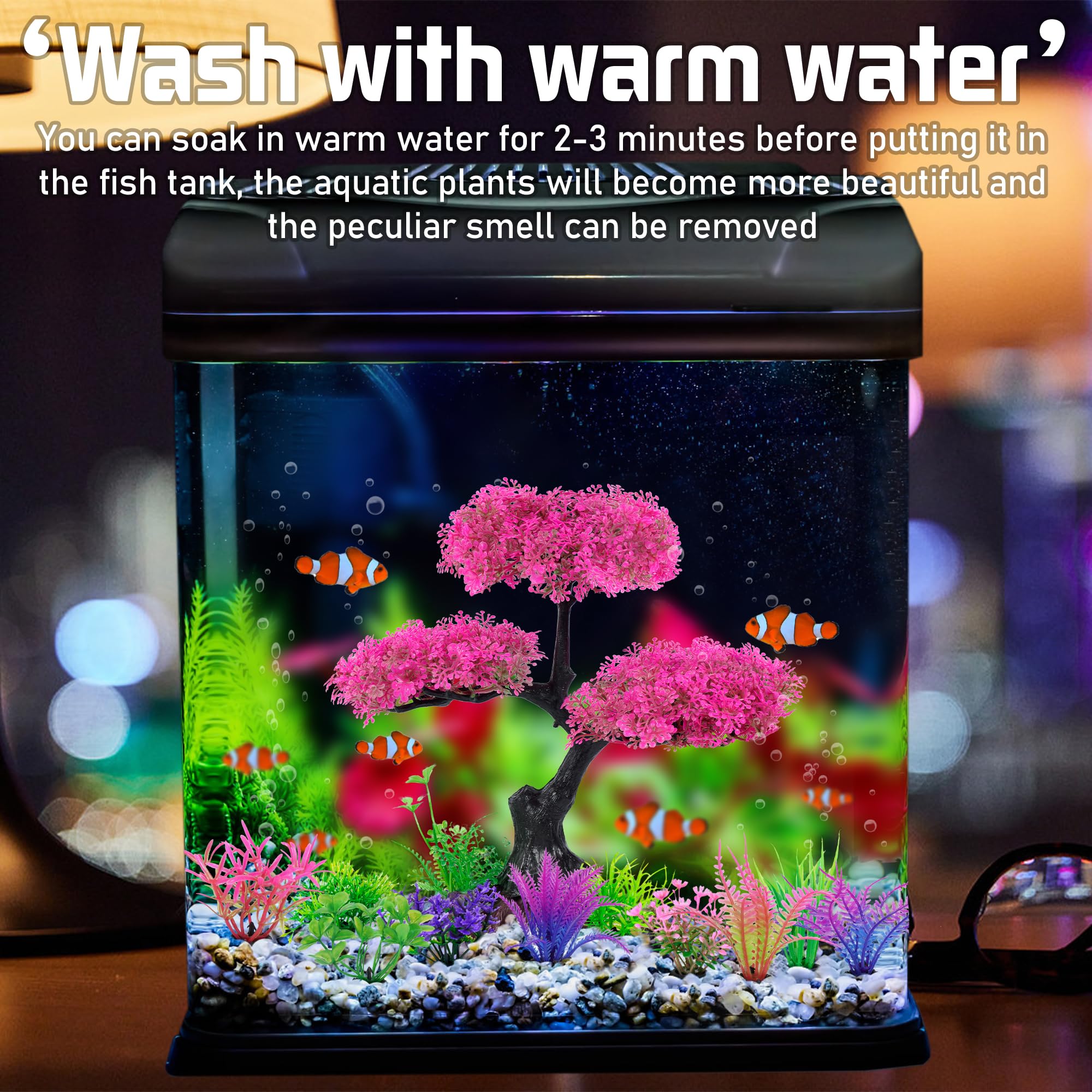 Ameliade Artificial Aquarium Plants Decor - Pink Cherry Blossom Tree Set for Fish Tank, Goldfish & Betta Hiding Accessories | Perfect for Freshwater Aquariums, Home & Office Decor