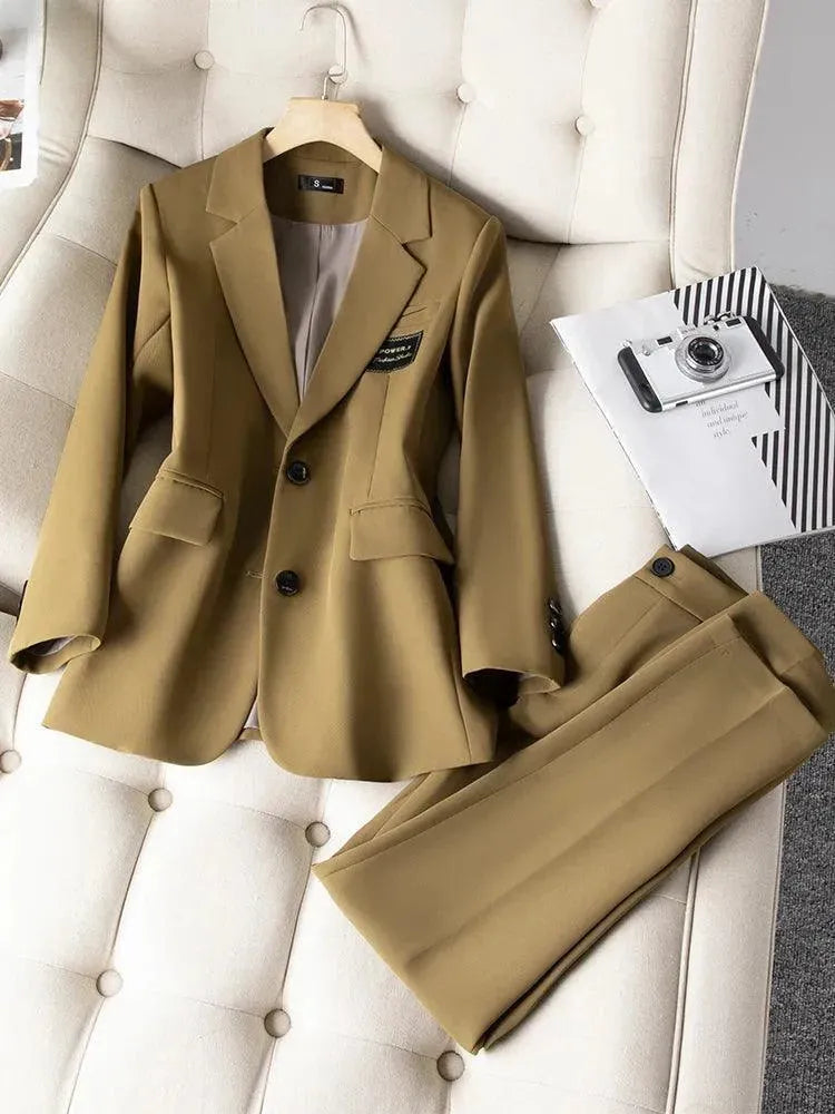 Elegant Women's Pant Suit with Embroidered Chest Badge - Professional Office Wear & Formal Business Attire for Women
