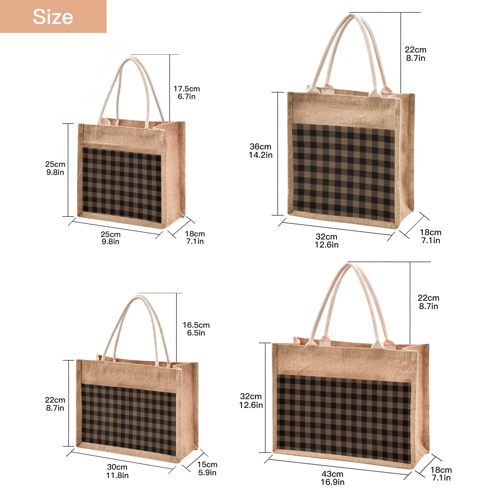 JUNZAN Tartan Coffee Brown Plaid Jute Tote Bag - Eco-Friendly Reusable Straw Beach Bag for Shopping, Groceries & Wedding Gifts | Perfect for Beach Outings, Farmers Market & Daily Errands
