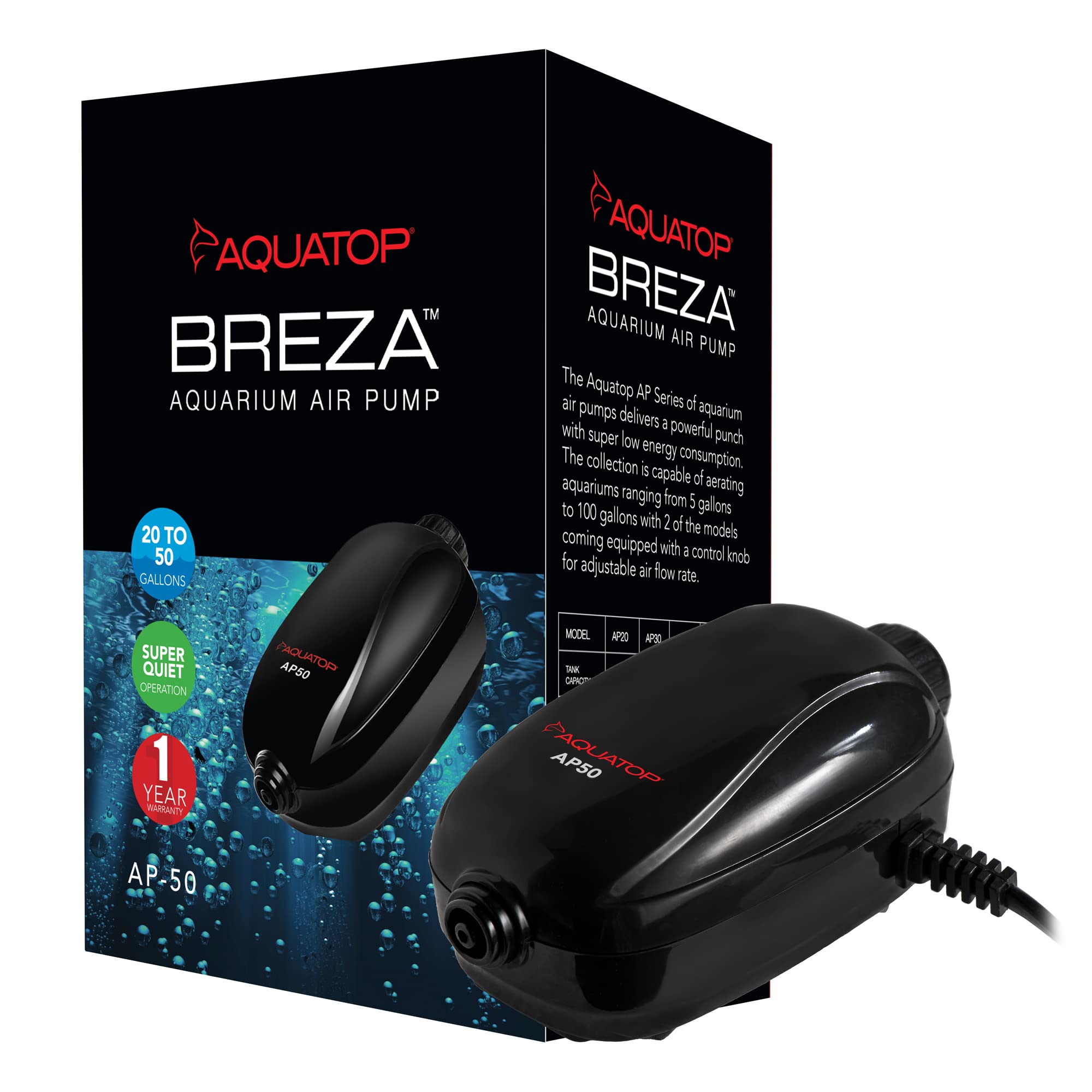 Aquatop Breza Aquarium Air Pump - Quiet Oxygen Pump for Fish Tanks, Hydroponics & Pond Aeration - Ideal for Home Aquariums, Fish Breeding & Aquatic Plants