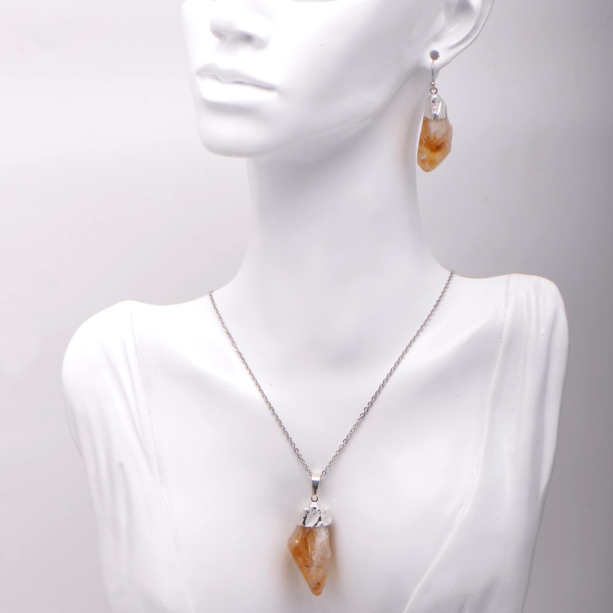Natural Citrine Crystal Point Rough Stone Earrings & Necklace Set for Women - White Gold Tone Jewelry for Healing, Meditation & Spiritual Gifts